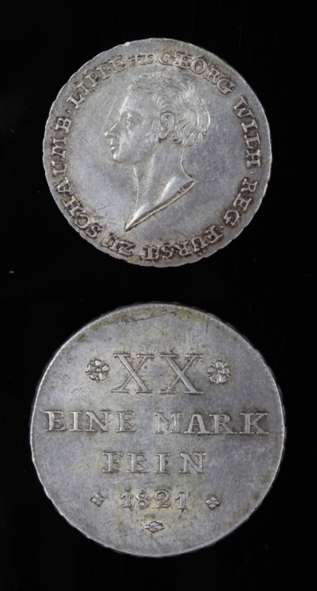 Silbermünze XX Eine Mark Fein, datiert 1821, Schaumburg Lippe, Fürst Georg Wilhelm, d.= 31,6 mm, ca.