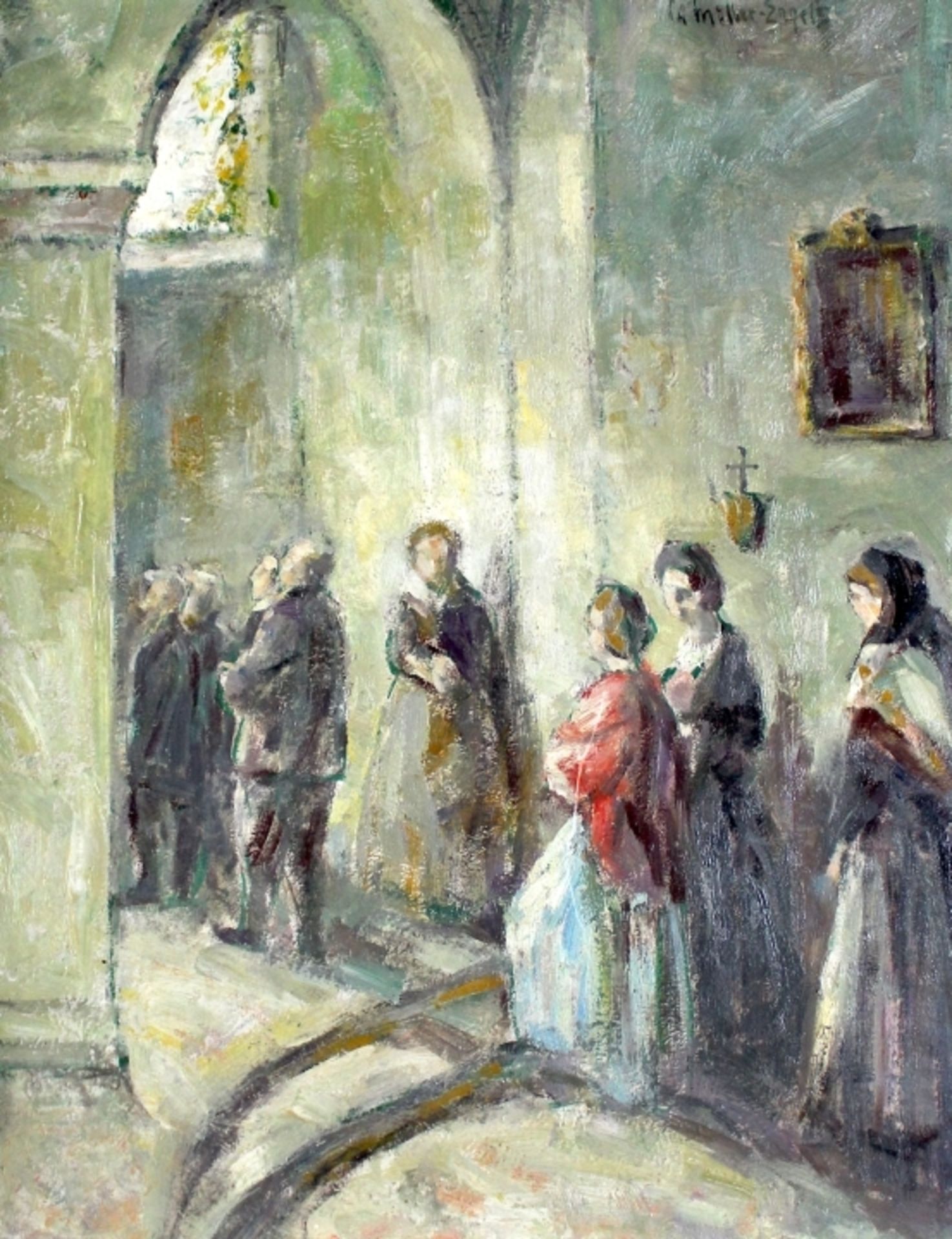 Gemälde - G. Müller - Engels (XX. Jahrhundert) "Kircheninterieur mit Personenstaffage", r.o.