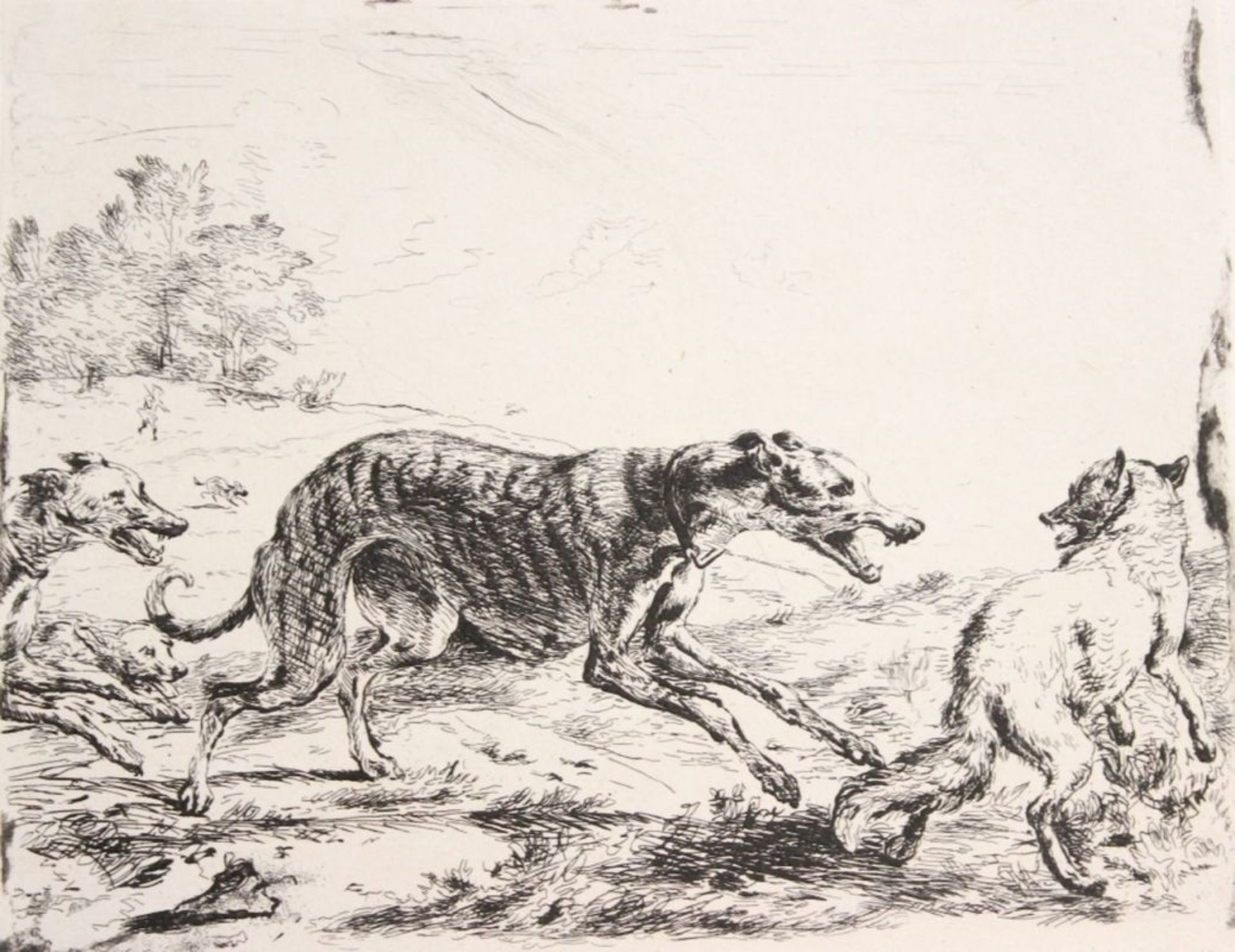 Radierung - wohl nach Abraham Hondius (1631 Rotterdam - 1691 London) "Fuchsjagd", gest. wohl von Drk