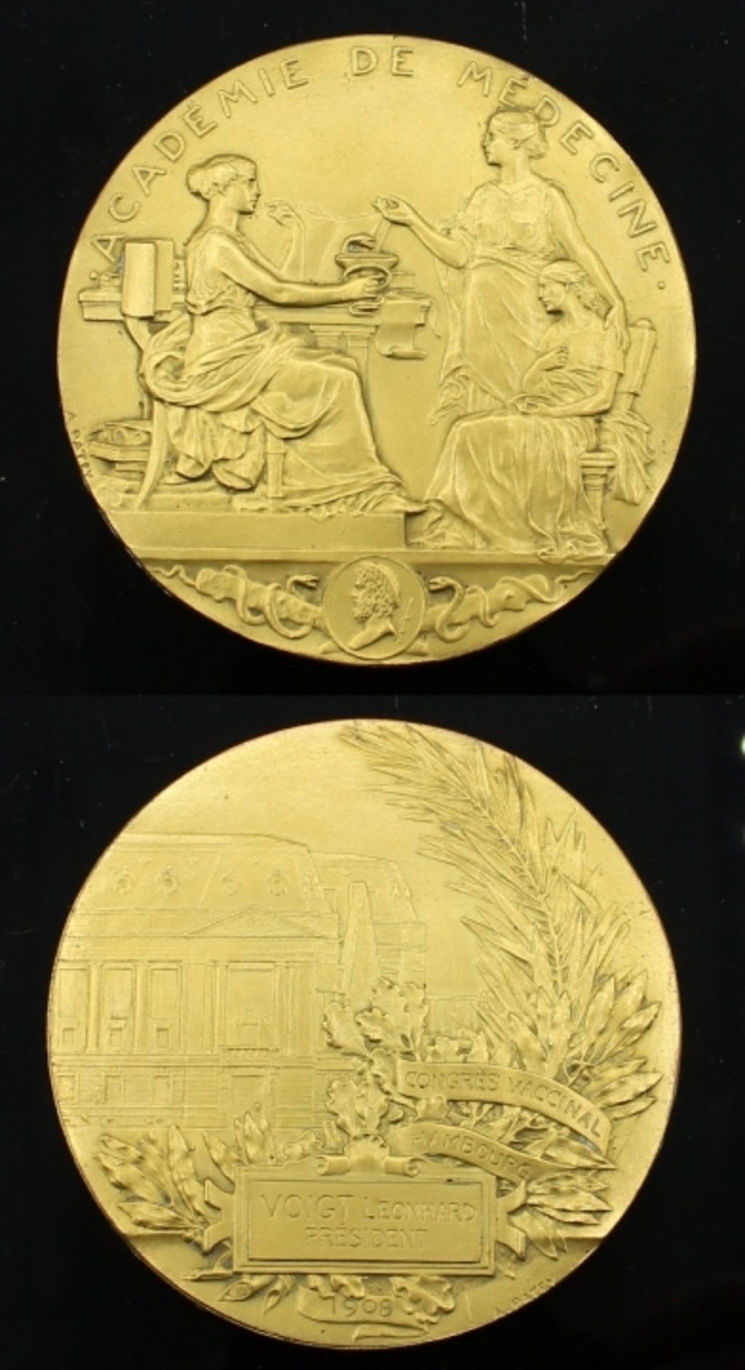 Vergoldete Medaille zur Erinnerung an den Kongress Vaccinal in Hambourg 1908, Académie de