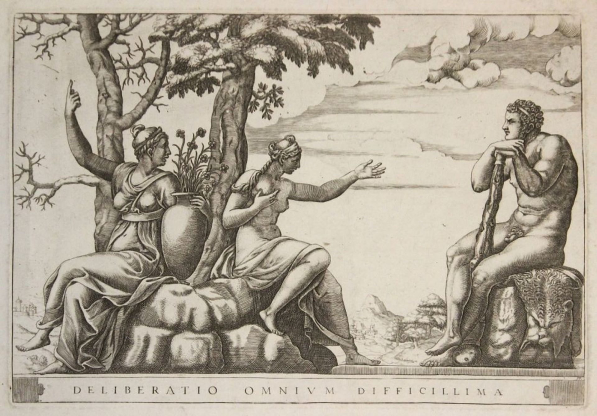 Kupferstich - Adamo SCULTORI (Italien / Mantua c.1530-1585) "Deliberatio Omnium Difficillima", r.