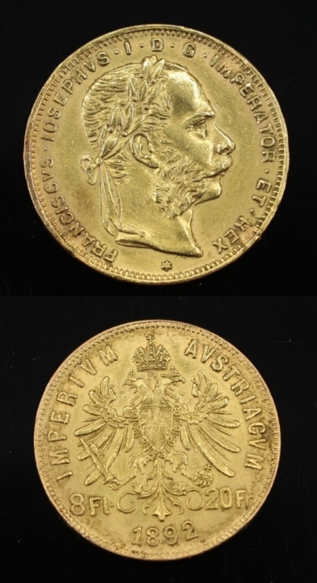 Goldmünze - Österreich 8 Florin, 20 Franken, 1892, Franz Joseph I, d.= 21 mm, 6,5 Gramm