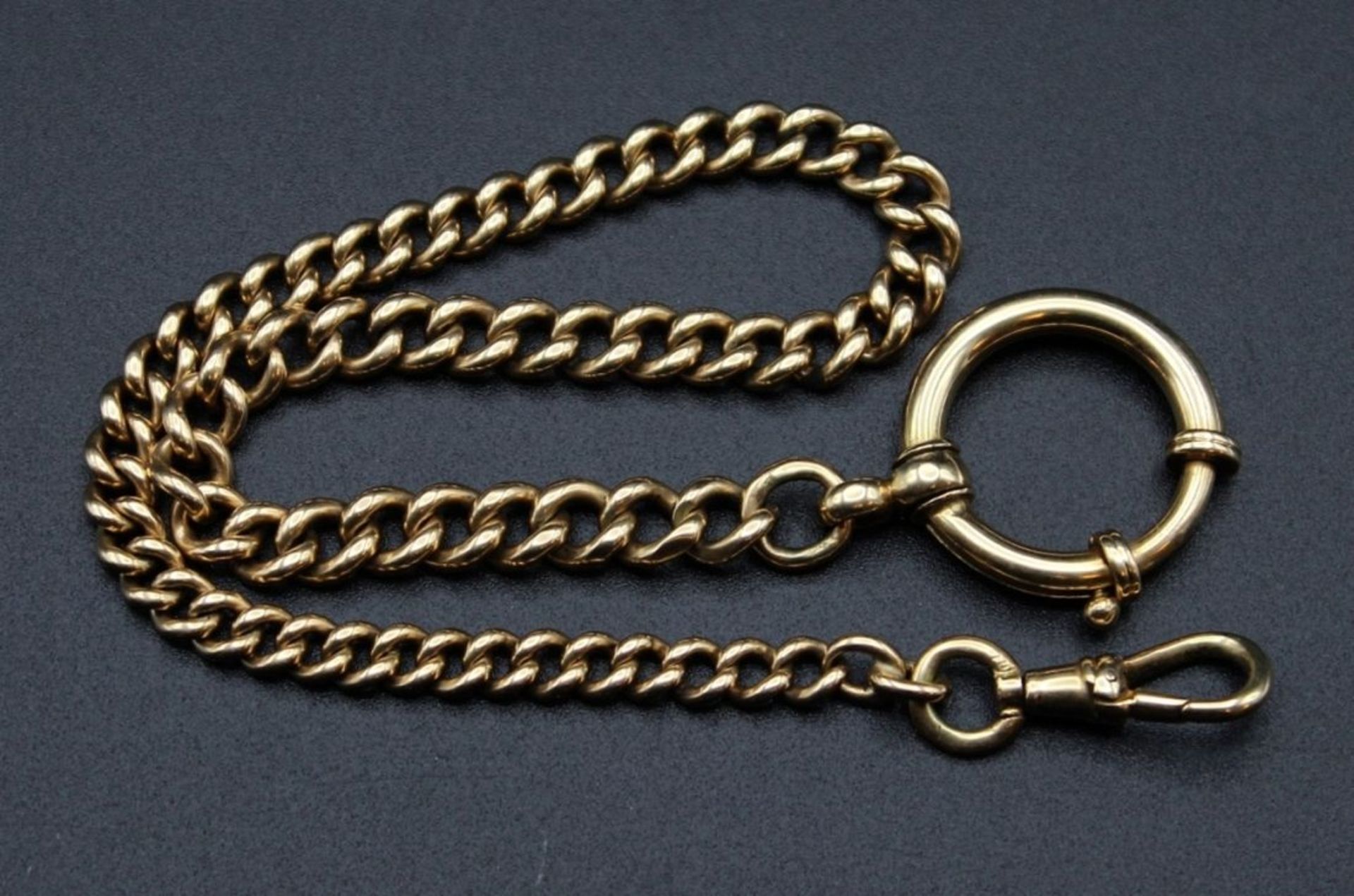 Goldene Uhrenkette - Gelbgold gest. 585 Panzerglieder mit Sprengring und Karabiner, Länge ca. 29,5