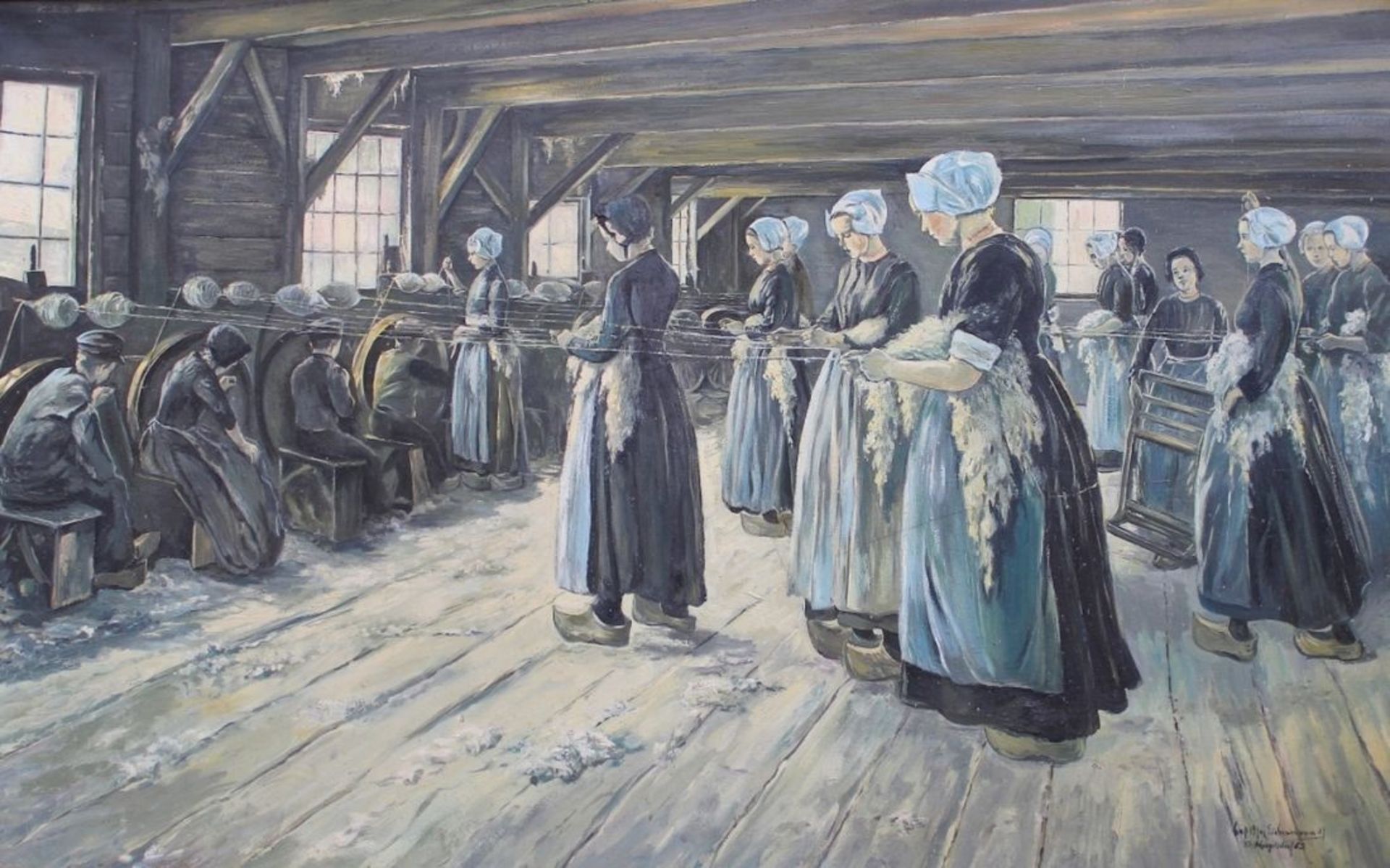 Großes Gemälde - nach Max Liebermann (1887) "Flachsscheuer in Laren", r.u. signiert KA. Mangelsdorf,