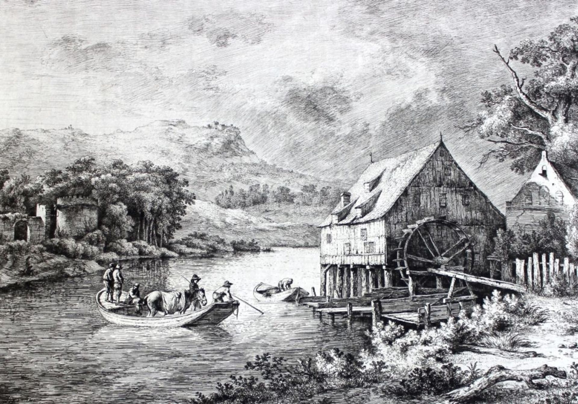 Radierung - Jean-Jacques DE BOISSIEU (1736 Lyon 1810) "Le Moulin sur la Rivière", nach Ruysdael,