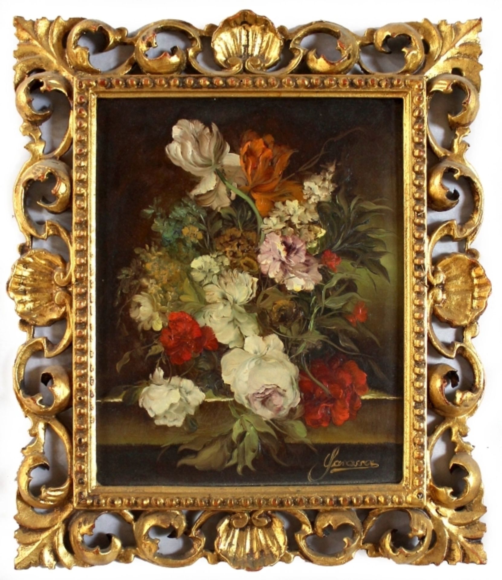 Konvolut - XX. Jahrhundert 1. Gemälde, "Blumenstilleben", signiert Sarossa, Öl auf Pappe, Maße