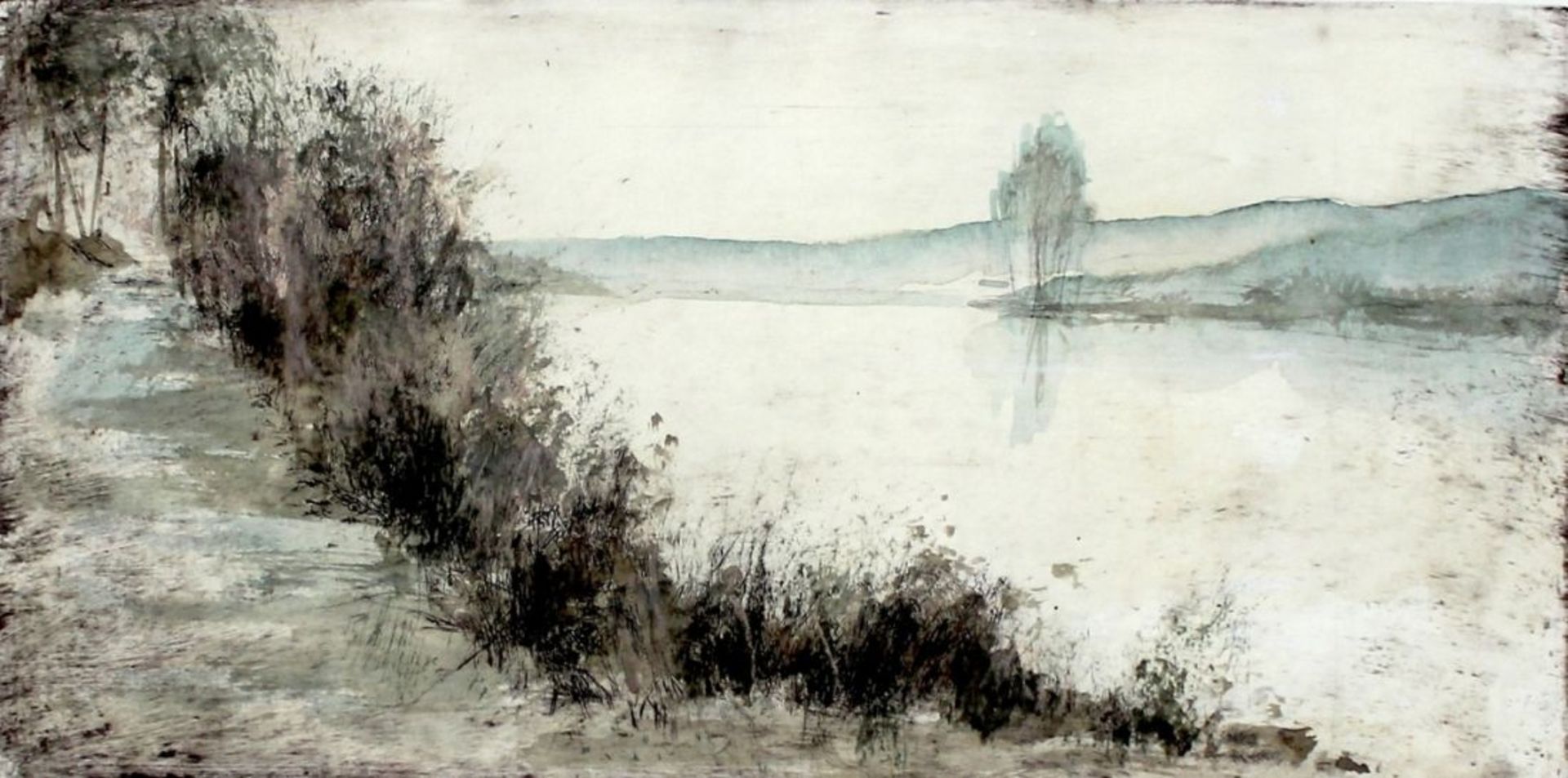 Aquarell über Radierskizze - Gerhard Prechtl (1951 Regensburg) "Donaulandschaft", u.M. signiert,