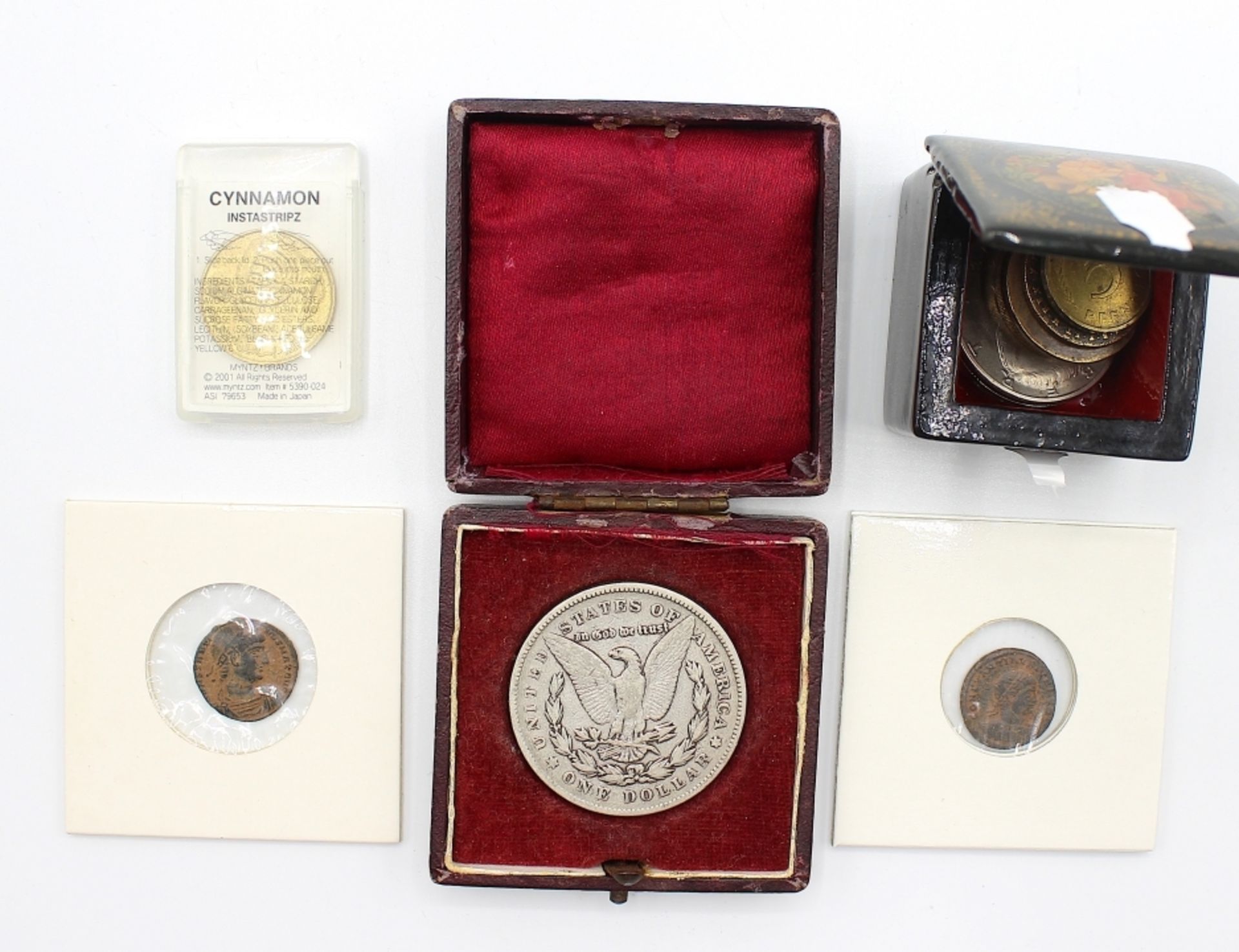 Lot Münzen aus aller Welt 1. 1 Dollar, 1878 Amerika Adler/Kopf Liberty 2. Paar Münzen, Röm. Reich