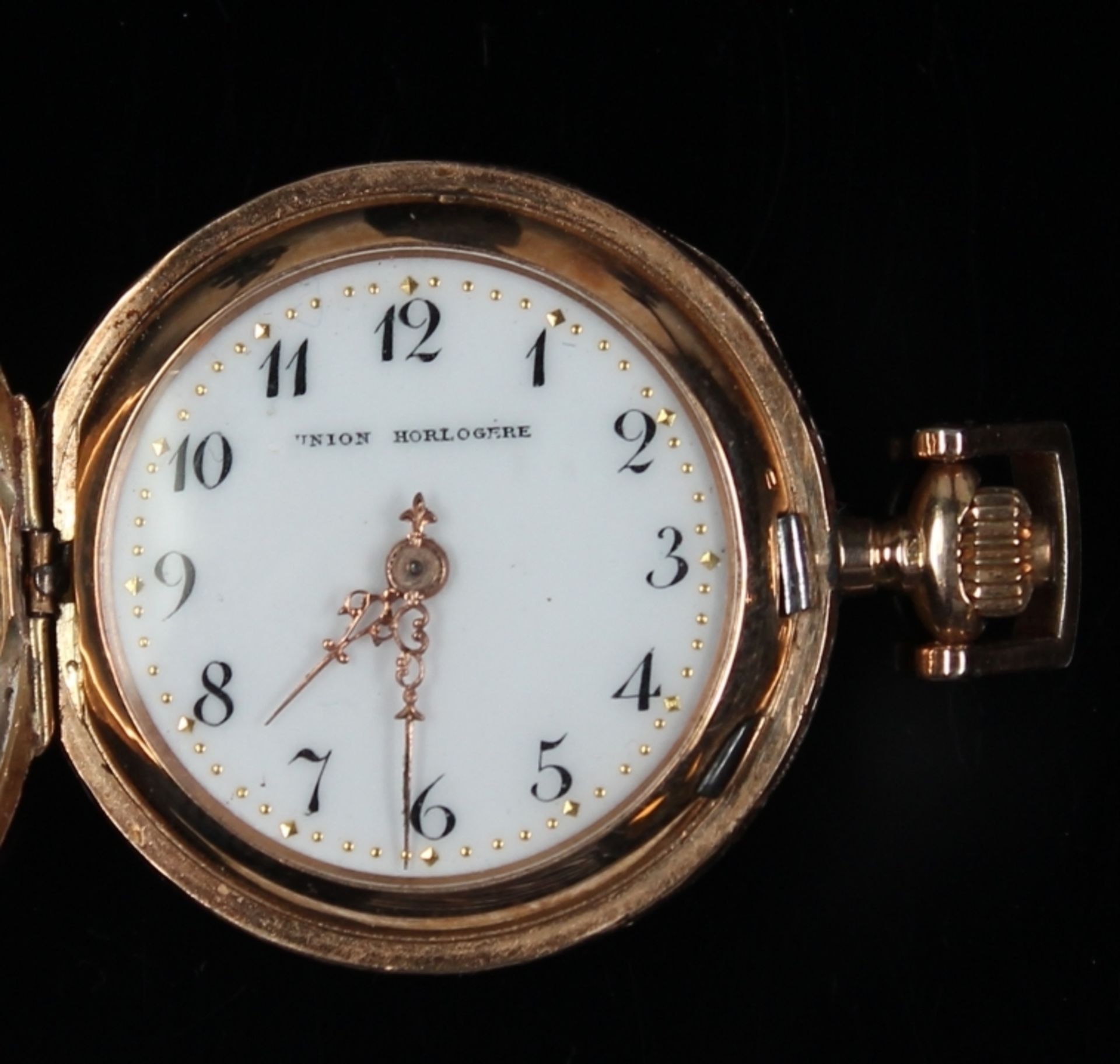 Goldene Damenhängeuhr mit Sprungdeckel - Marke Union Horlogere, Gehäuse und 2 Deckel Rosegold