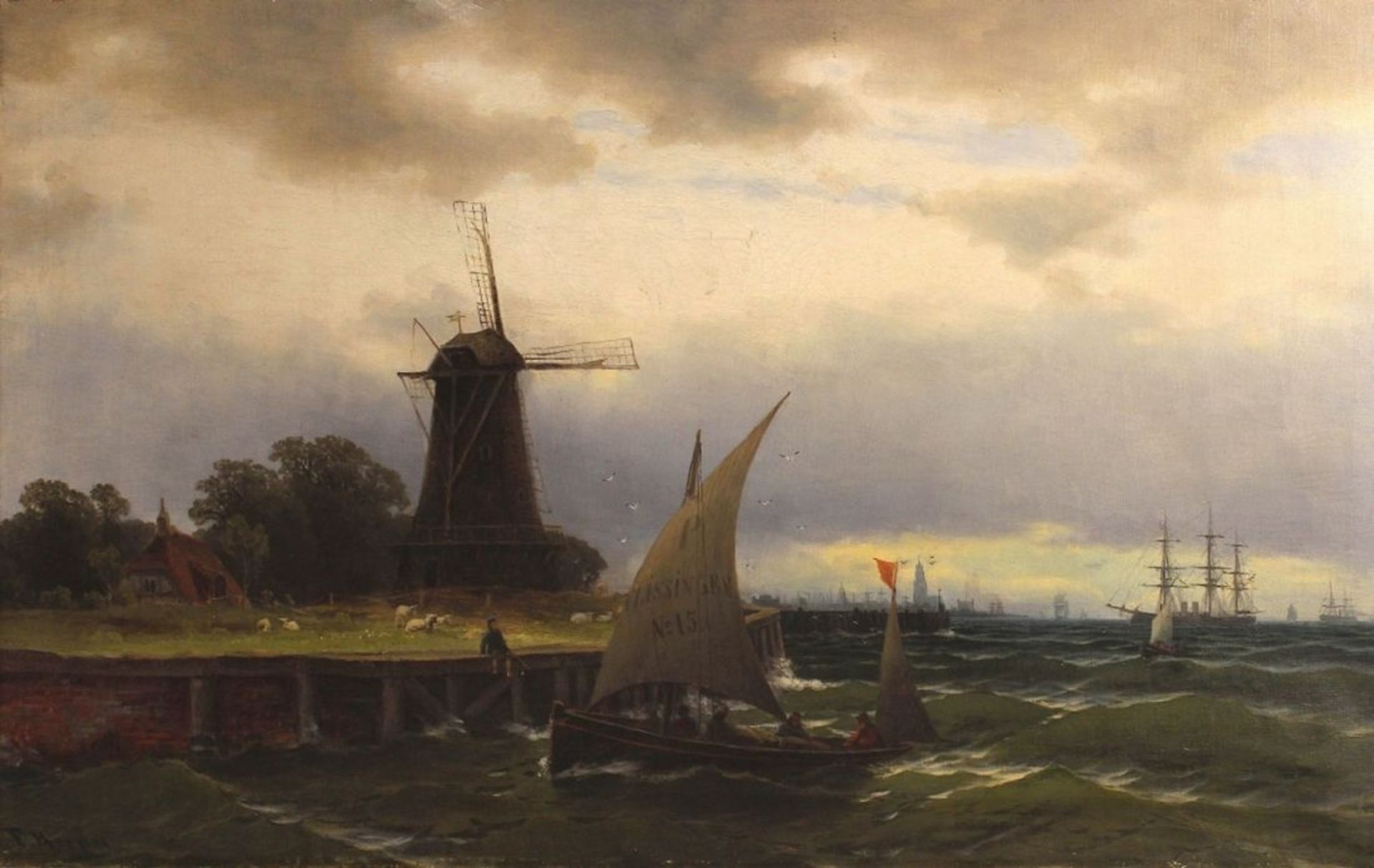 Gemälde - Franz Carl HERPEL (1850 Woroneh -1933 Königsberg) "Ansicht Hafenstadt, im Vordergrund