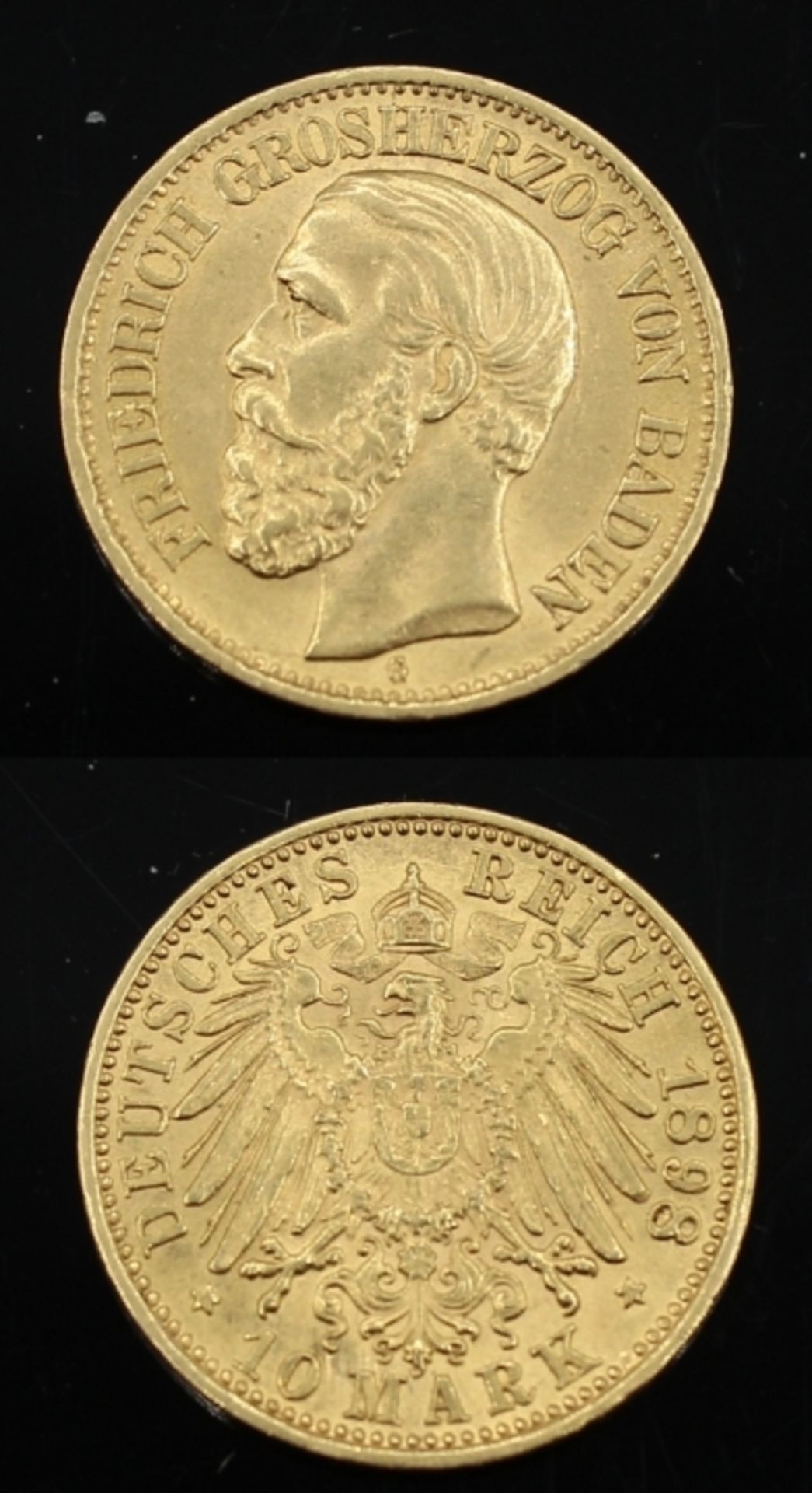 Goldmünze - 10 Mark Deutsches Reich, 1898 Baden, Friedrich I, d.= 19,22 mm, 3,98 Gramm