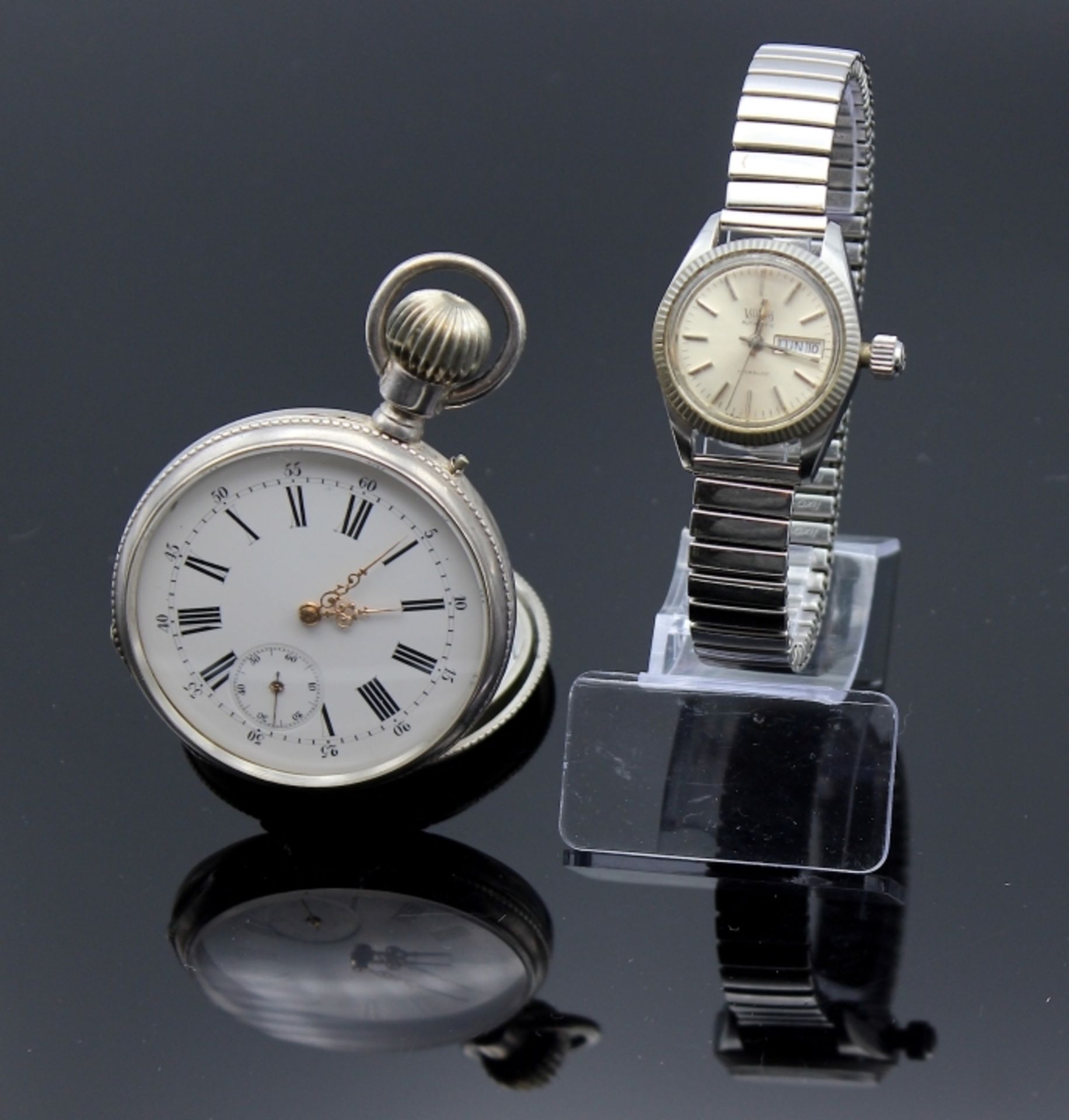 Lot Uhren 1. Silberne offene Taschenuhr, Remontoir, im Argentangehäuse, Marke GM Perrin Genève,