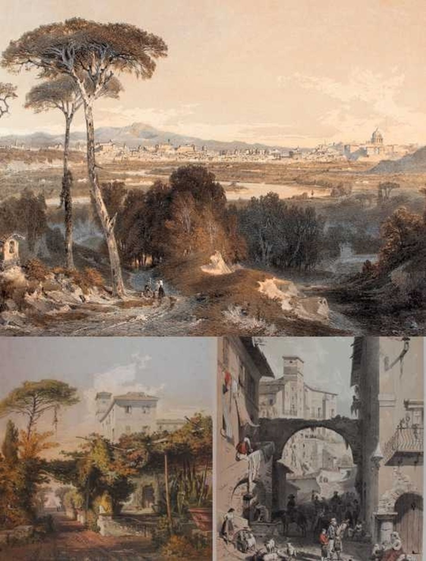 Drei Farbgrafiken - Karl LINDEMANN-FROMMEL (1819 Markirch - 1891 Rom) "Rom von Monte Mario aus - Der