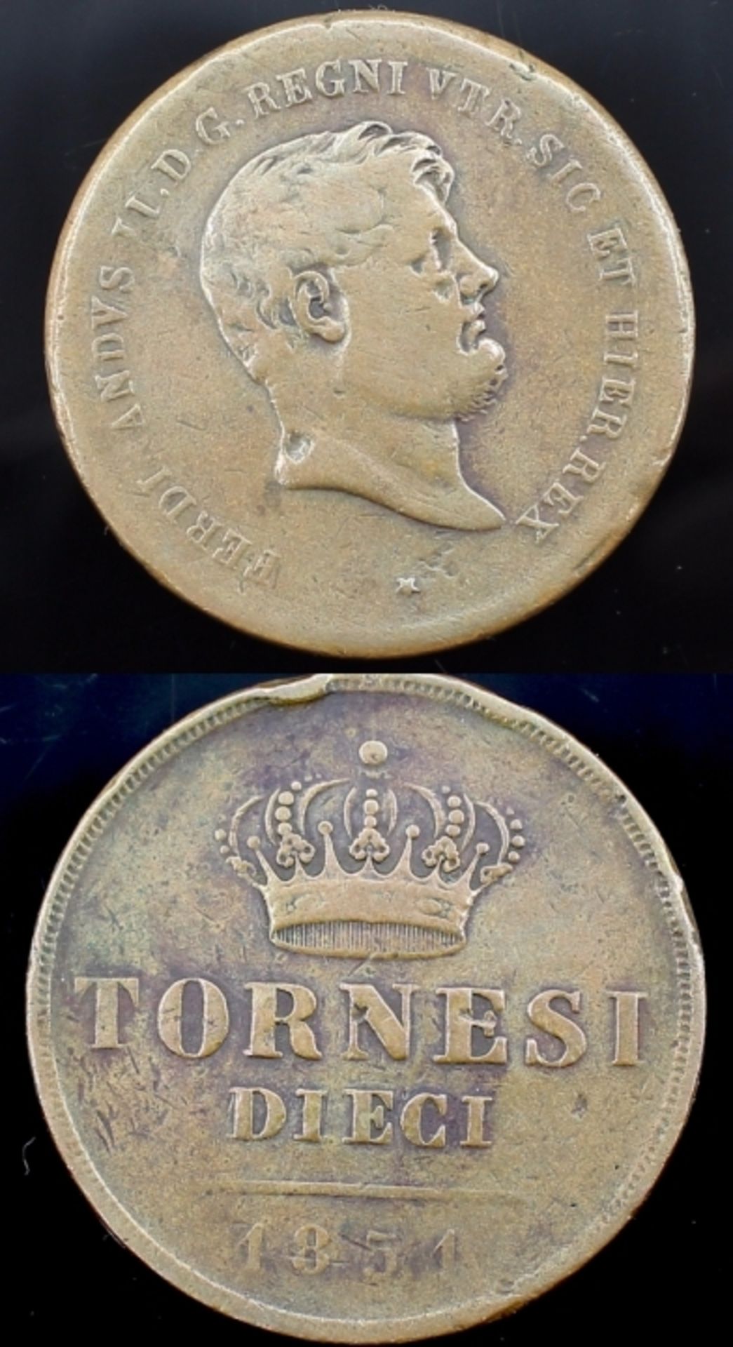 Kupfermünze Italien 1851, Tornesi Dieci, Ferdinandus II, Regent und König, d.= 37,5 mm, ca. 29