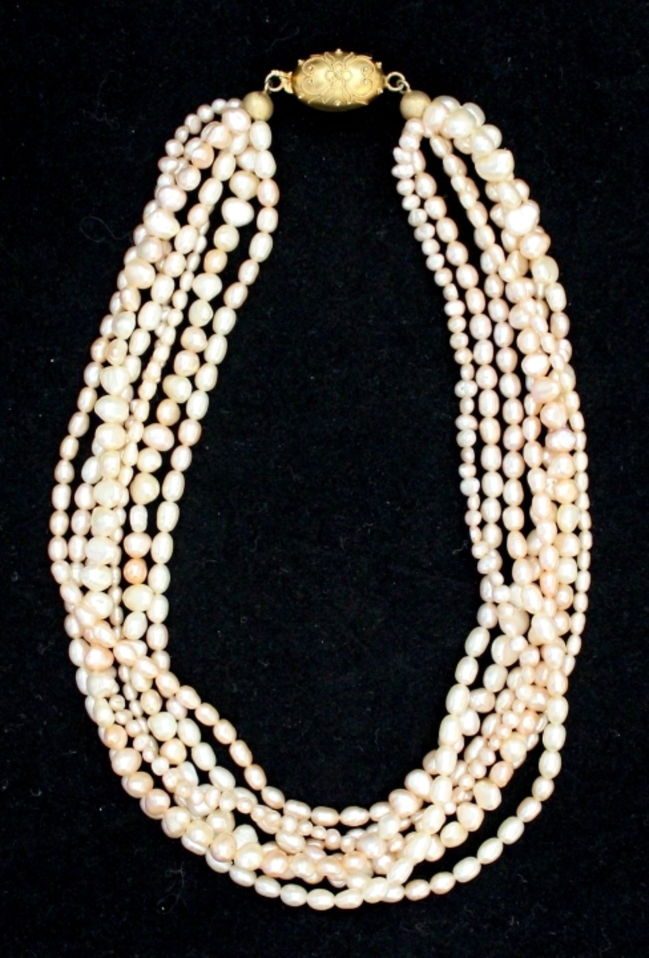Perlenkette - Süßwasser Biwa-Perlen , fünfsträngig, champagnerfarben, versch. Größen, Kugel-