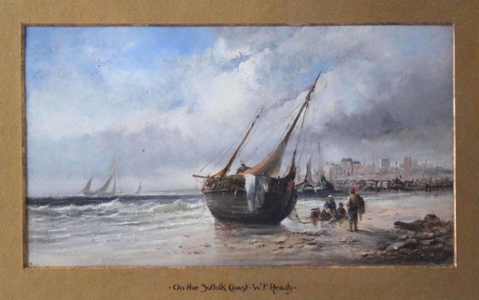 Gemälde - England 19.Jahrhundert "On the Suffolk Coast - Küstenlandschaft mit Segelbooten und