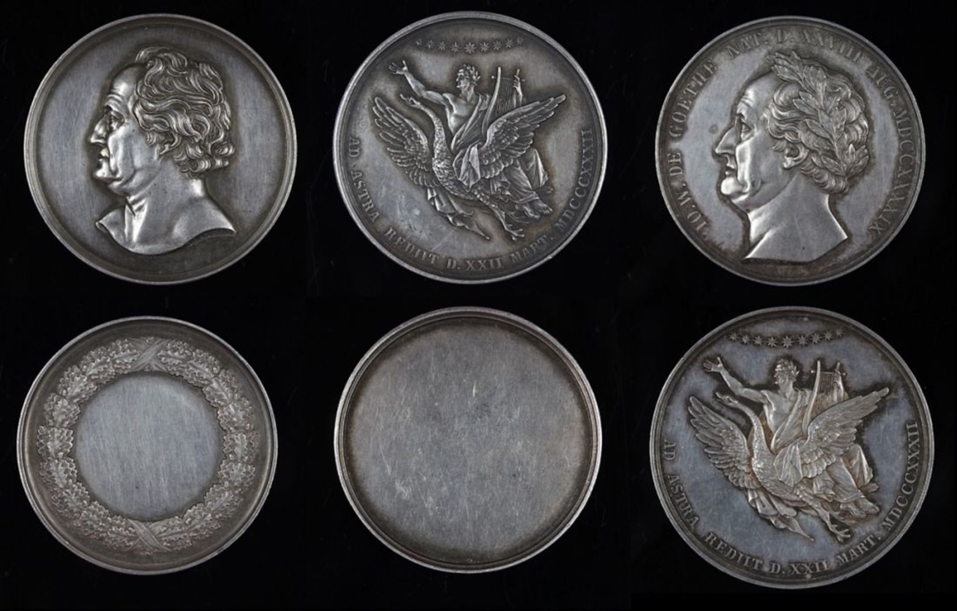 Lot von Goethe-Silbermedaillen 1. als Probe Vs: Portrait mit Kopf nach links, ohne Datum, Rs: