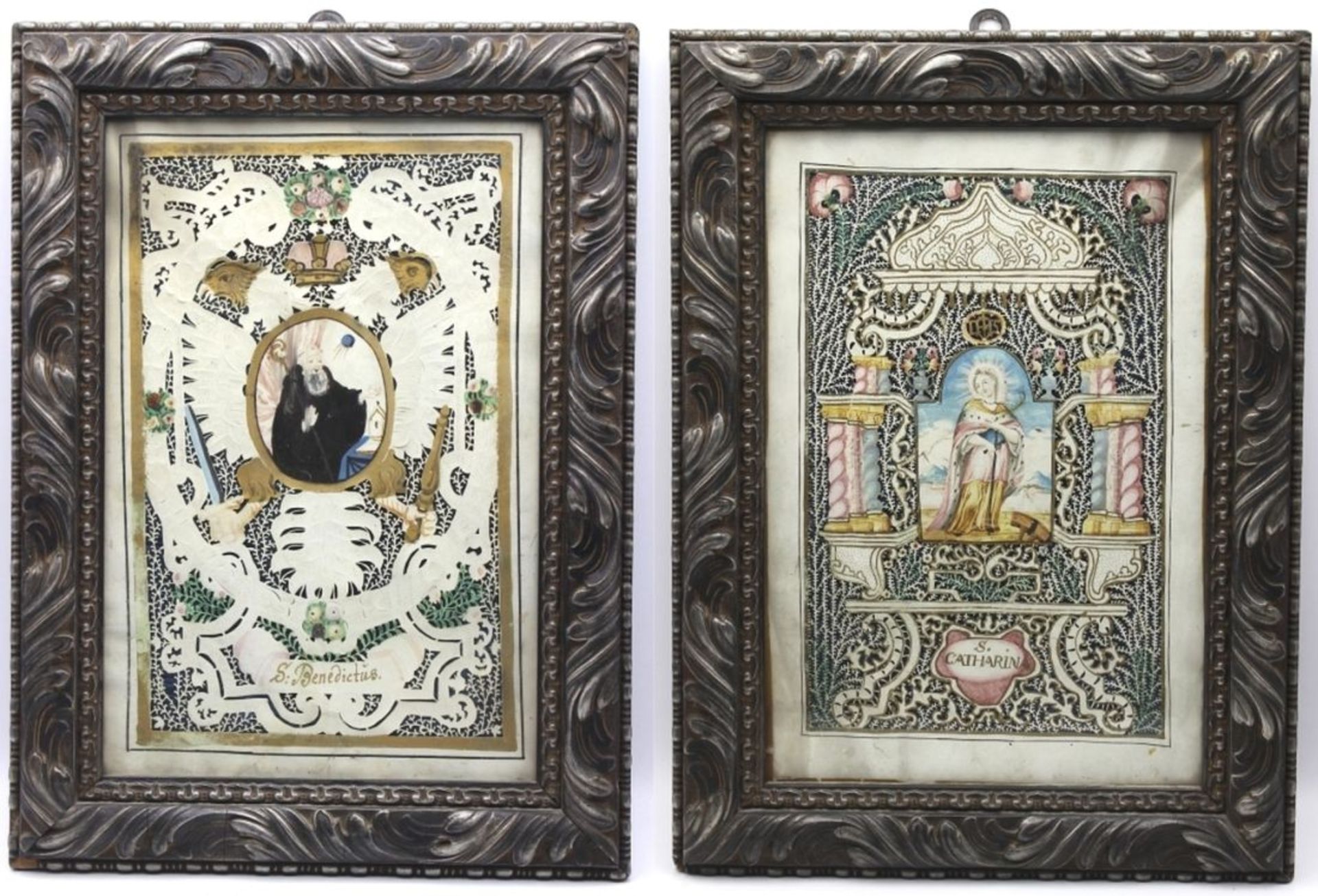 Paar Klosterarbeiten - wohl süddeutsch 19.Jahrhundert zentrale Darstellung als Aquarell mit "S.