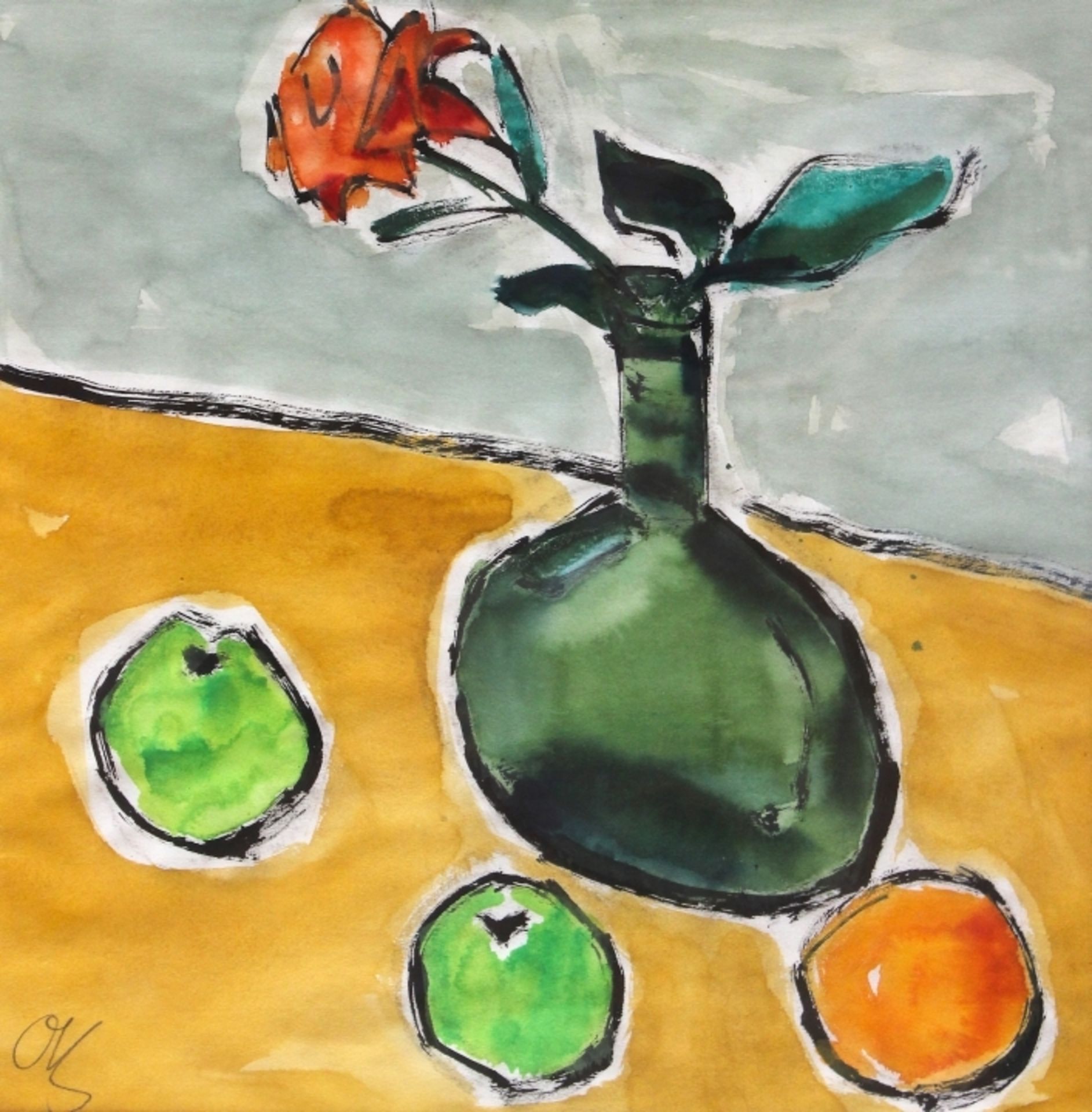 Aquarell - Otto Baumann (Regensburg 1901 - 1992) "Stillleben mit Vase, Äpfeln und Orange", l.u.