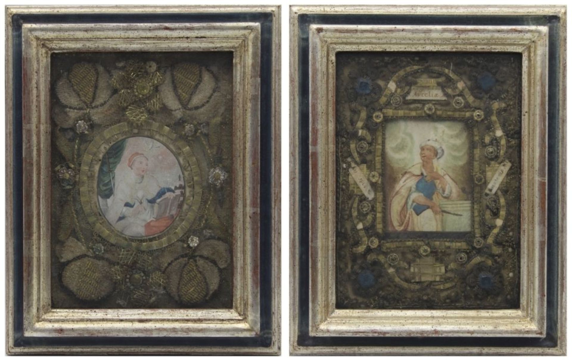 Paar Klosterarbeiten - wohl süddeutsch um 1800 im Spiegel Aquarelle von Heiligen, reich verziert mit