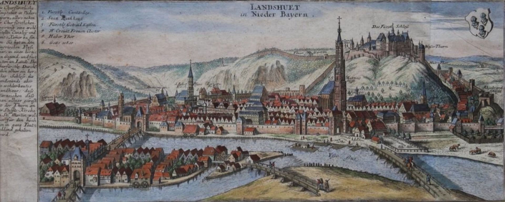 Kupferstich - Gabriel Bodenehr (Augsburger Kupferstecher) "Ansicht von Landshut", um 1720,