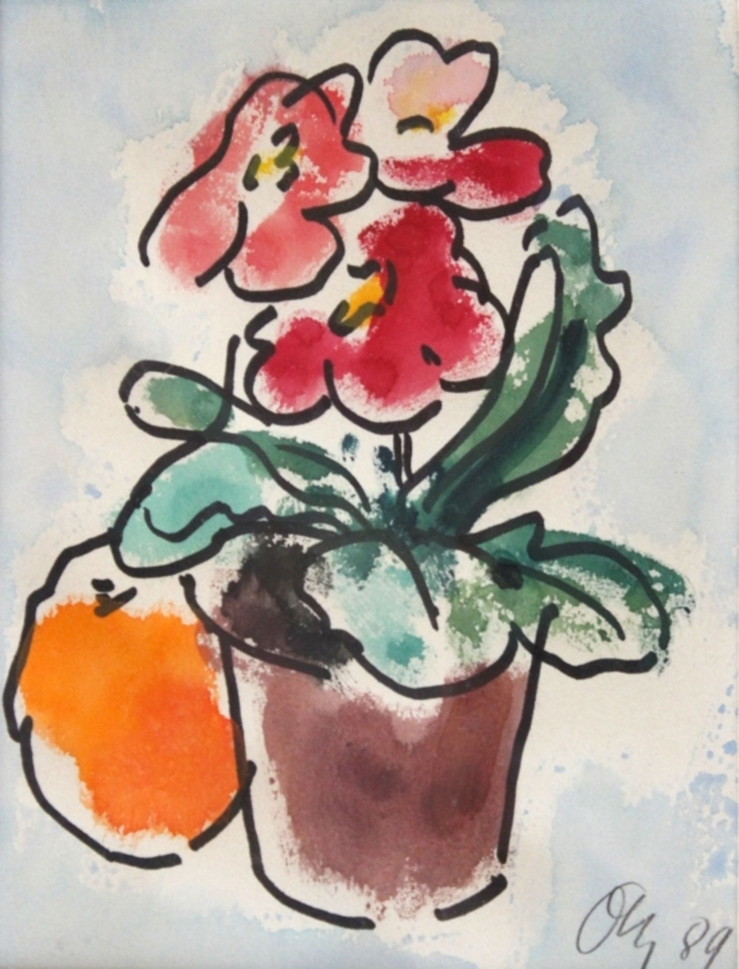 Aquarell - Otto Baumann (Regensburg 1901 - 1992) "Stillleben mit Blume und Orange", r.u.