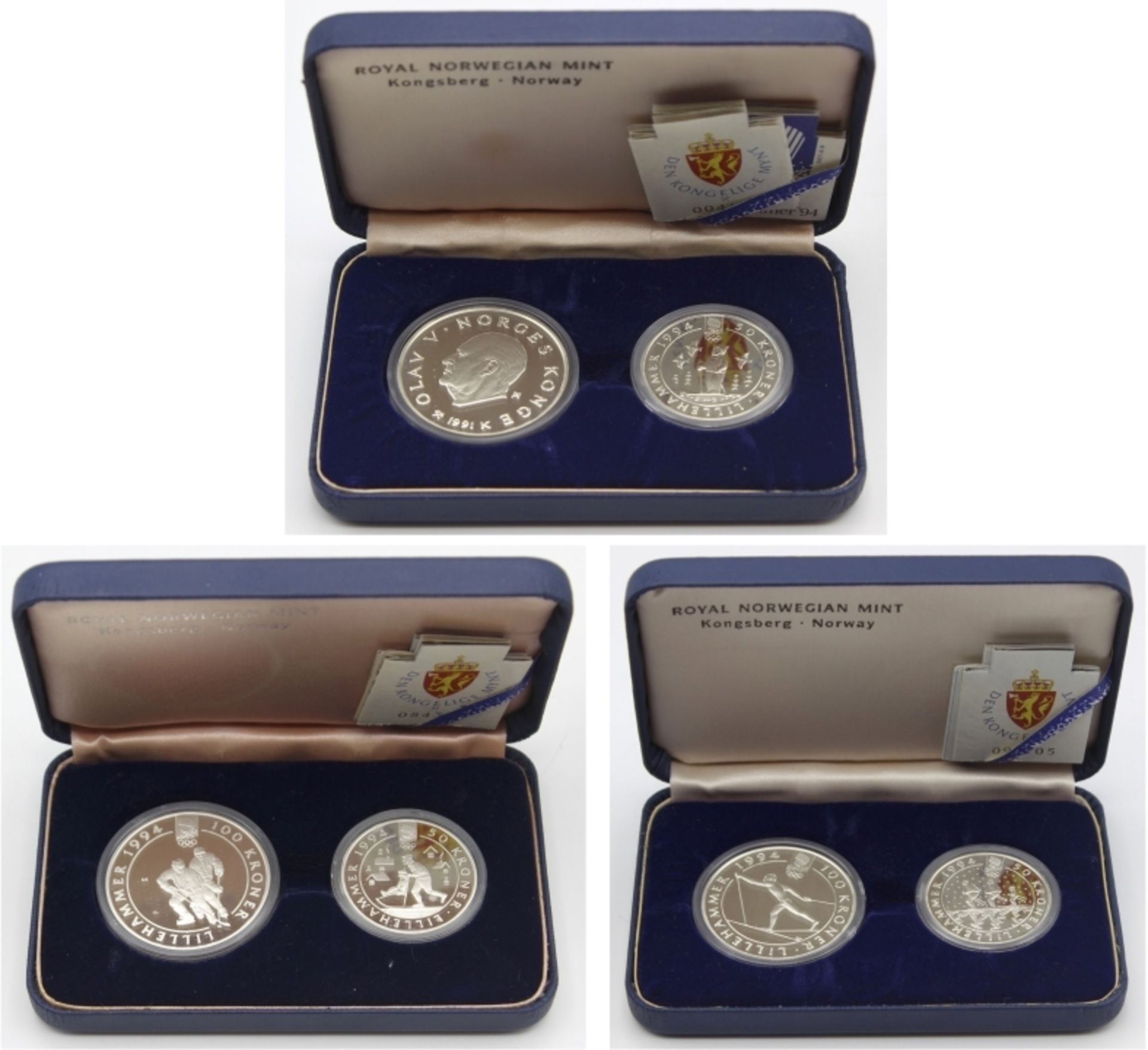 Lot Münzen 1. Olav von Norges Konge, Eislaufen, PP, 100 Kronen, Lillehammer 94, 1 Unze Silber und 50