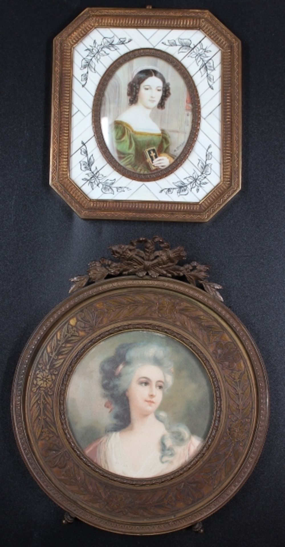 Paar Miniaturen nach 1900 1. "Anna Hillmayer nach Karl Stieler", Messing-/Beinrahmen 2."