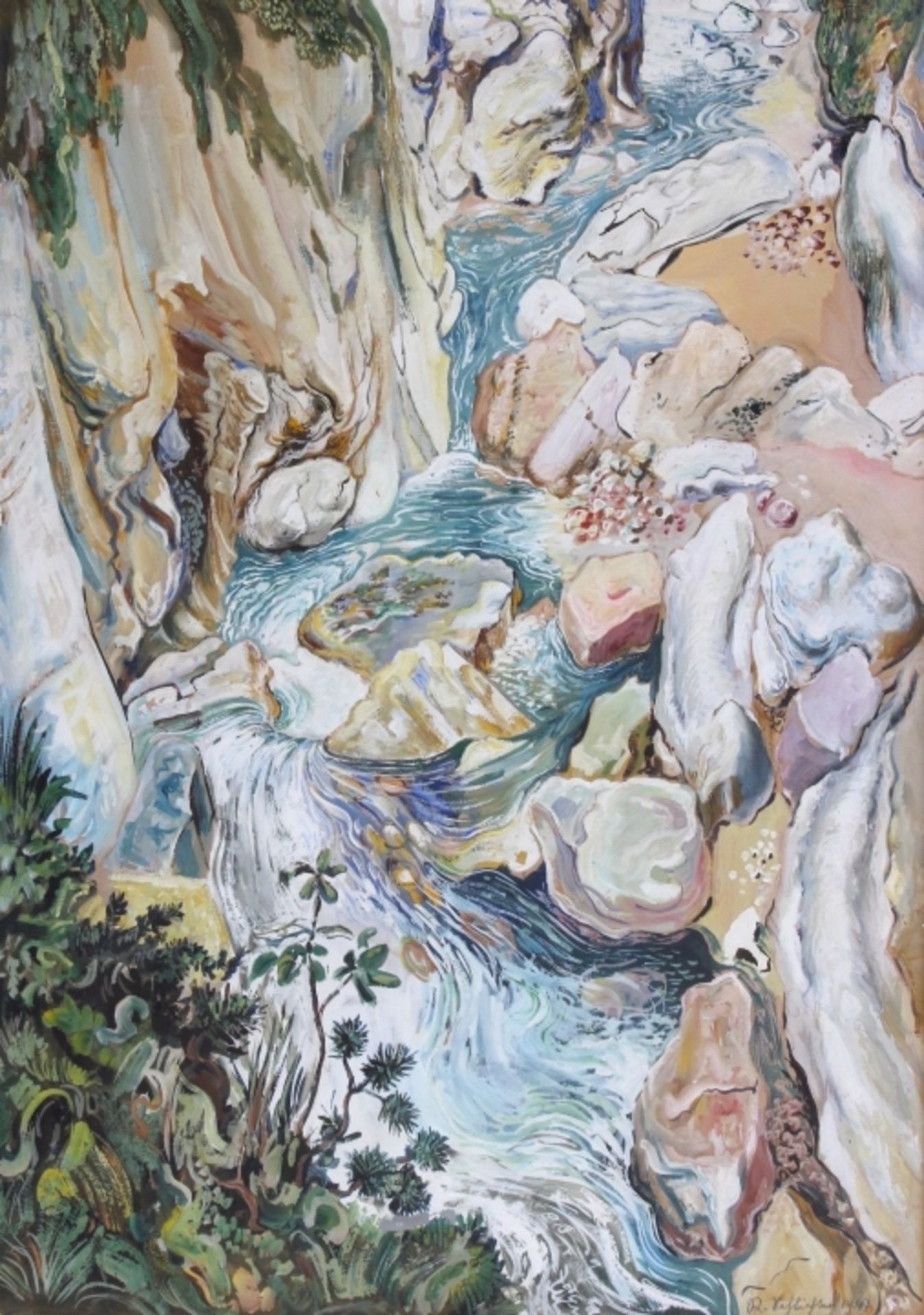 Aquarell / Gouache - Rudolf Schlichter (1890 Calw - 1955 München) "Klamm mit reißendem Bach", r.u.