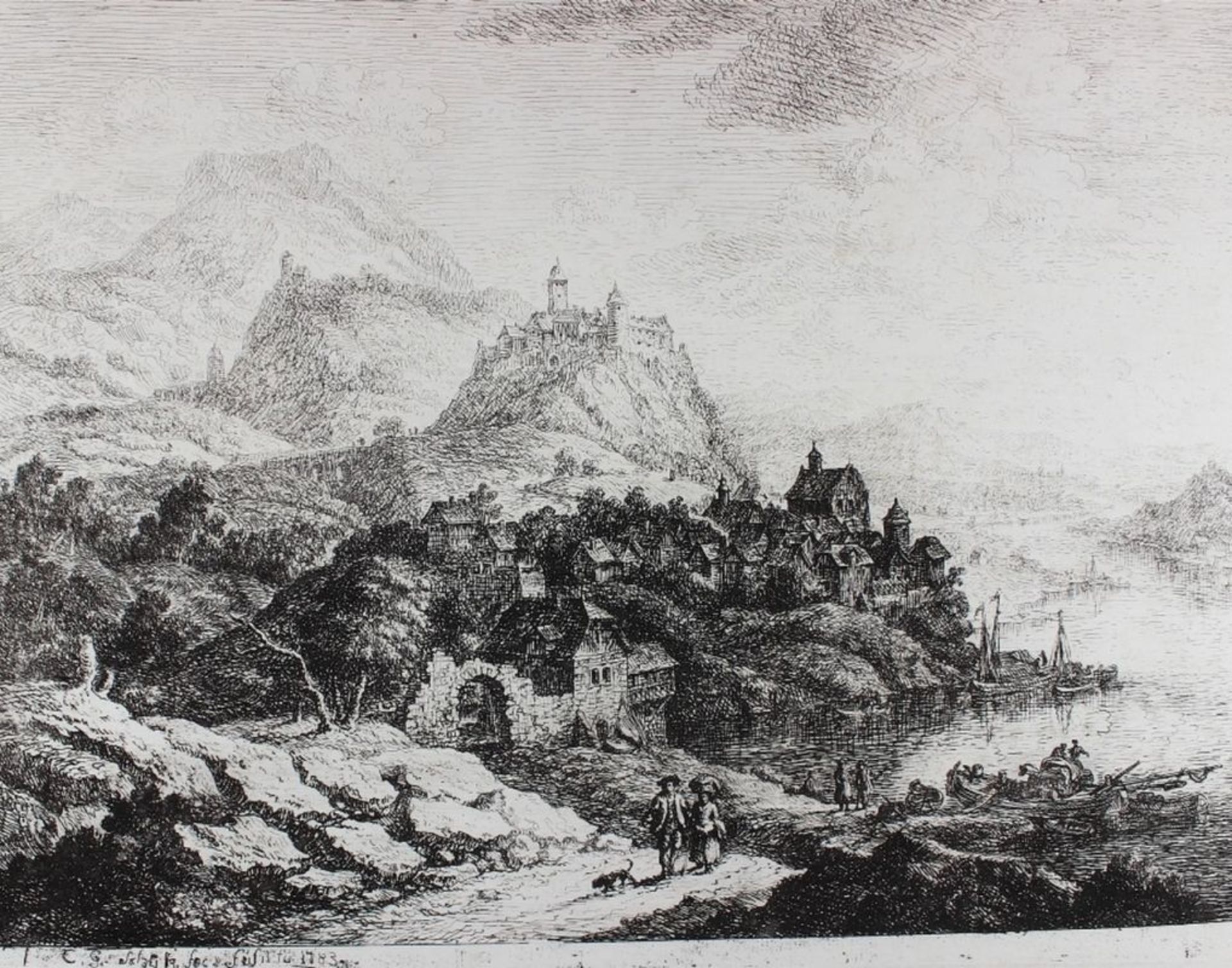 Radierung - Christian Georg I SCHÜZ (1718 Flörsheim -1791 Frankfurt am Main) "Rheinlandschaft (