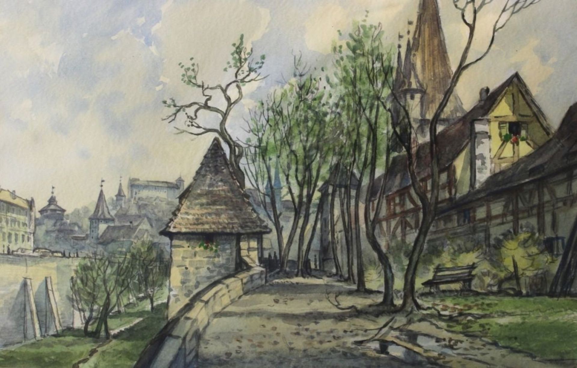 Aquarell - Franz KRAUSS (1909 Fürth 1983) "Stadtansicht", lasierende Farben auf Papier, Maße