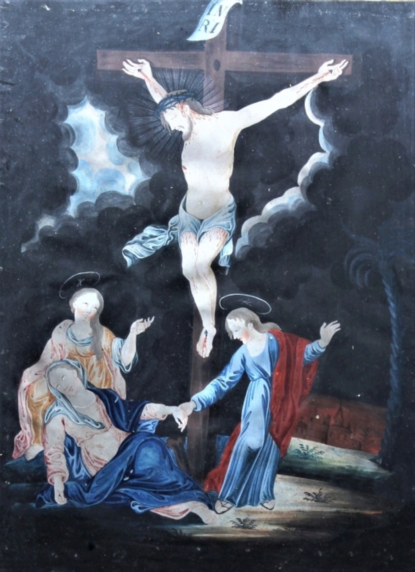 Aquarell - 19. Jahrhundert "Kreuzigung - Dreinageltypus mit Maria, Johannes und Magdalena"