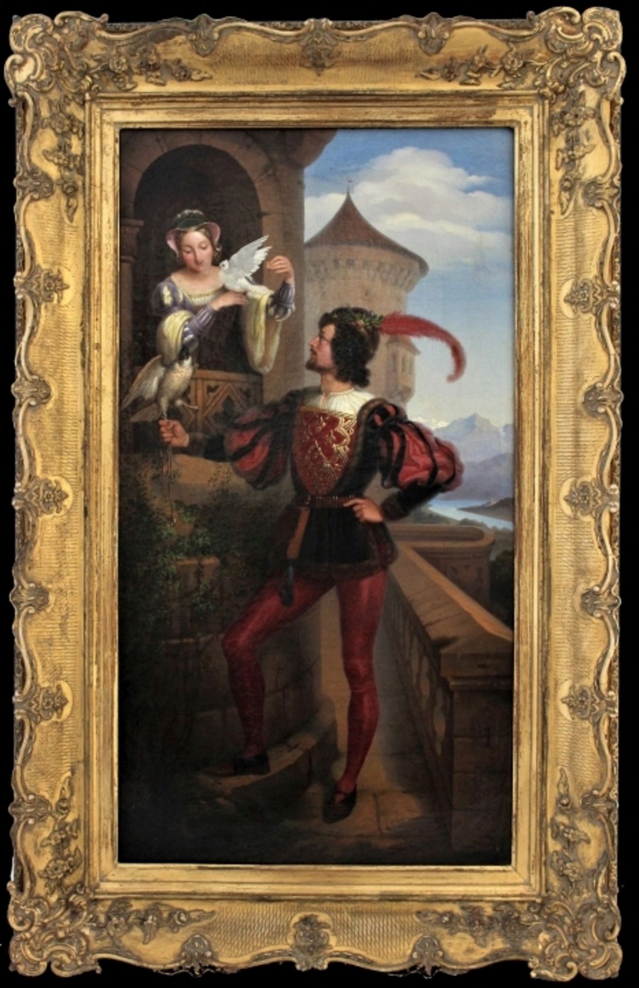 Gemälde - Max Hailer (1818 München 1854) "Adeliges Paar mit Falke und Taube, im Hintergrund