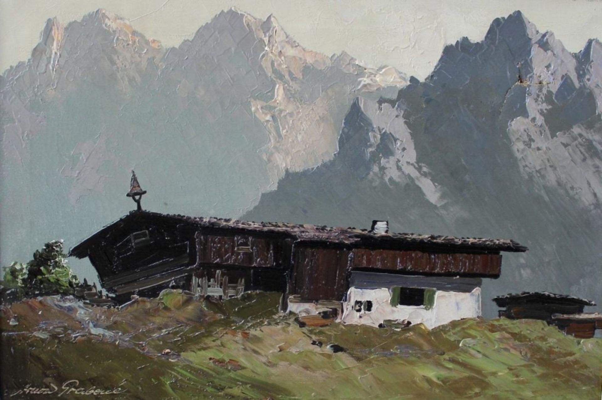 Gemälde - Prof. Arnold Graboné (1896 München - 1981 Percha-Buchhof) "Alpenkulisse mit Berghof", l.u.