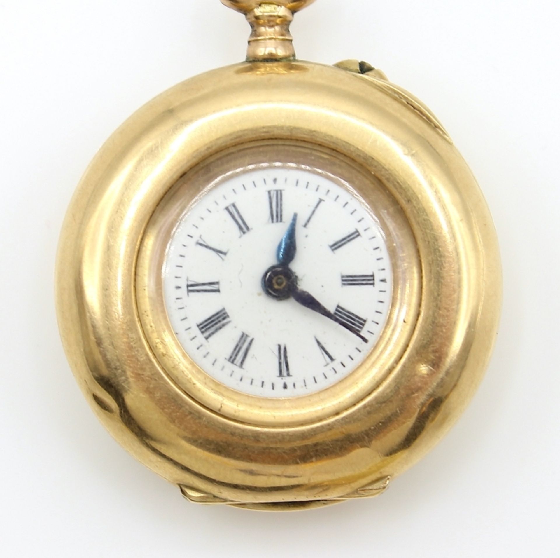 Goldene Damenhängeuhr - Remontoir Schweizer Fabrication, Gehäuse und ein Deckel Gelbgold gest.