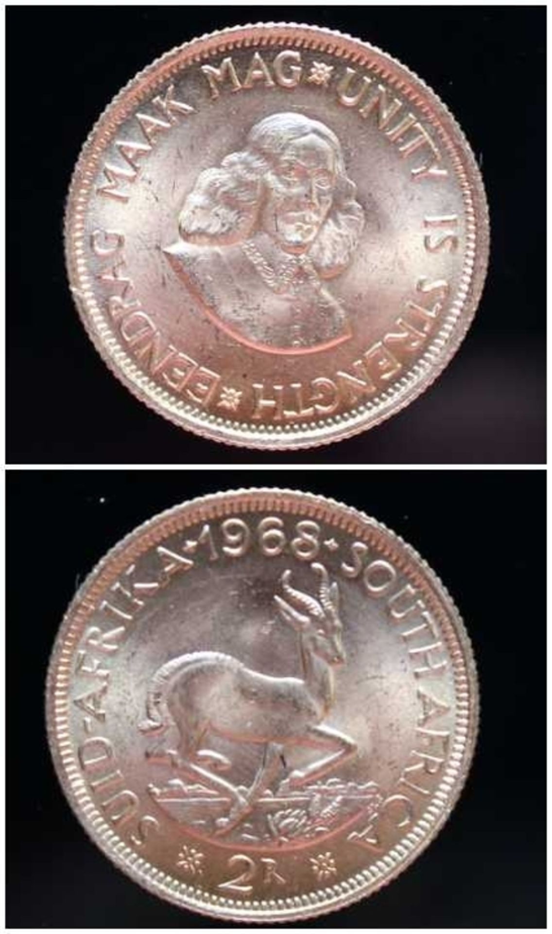 2 Rand Goldmünze - South Afrika 1968 Rs: Südafrikanisches Wappentier Springbock, Vs: Portrait von
