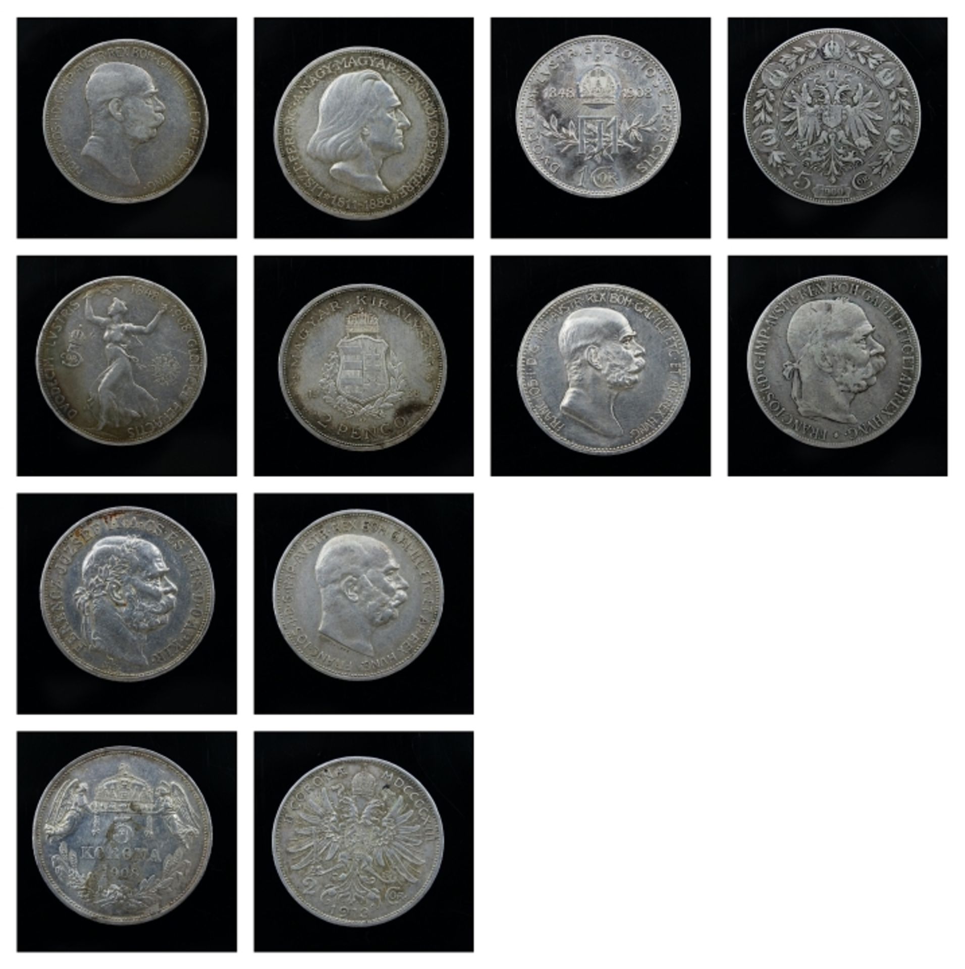 Lot von 5 Silbermünzen - Österreich/Ungarn Franz Joseph I, 5 Corona 1900, 1908 und 2x Corona 1913, 1