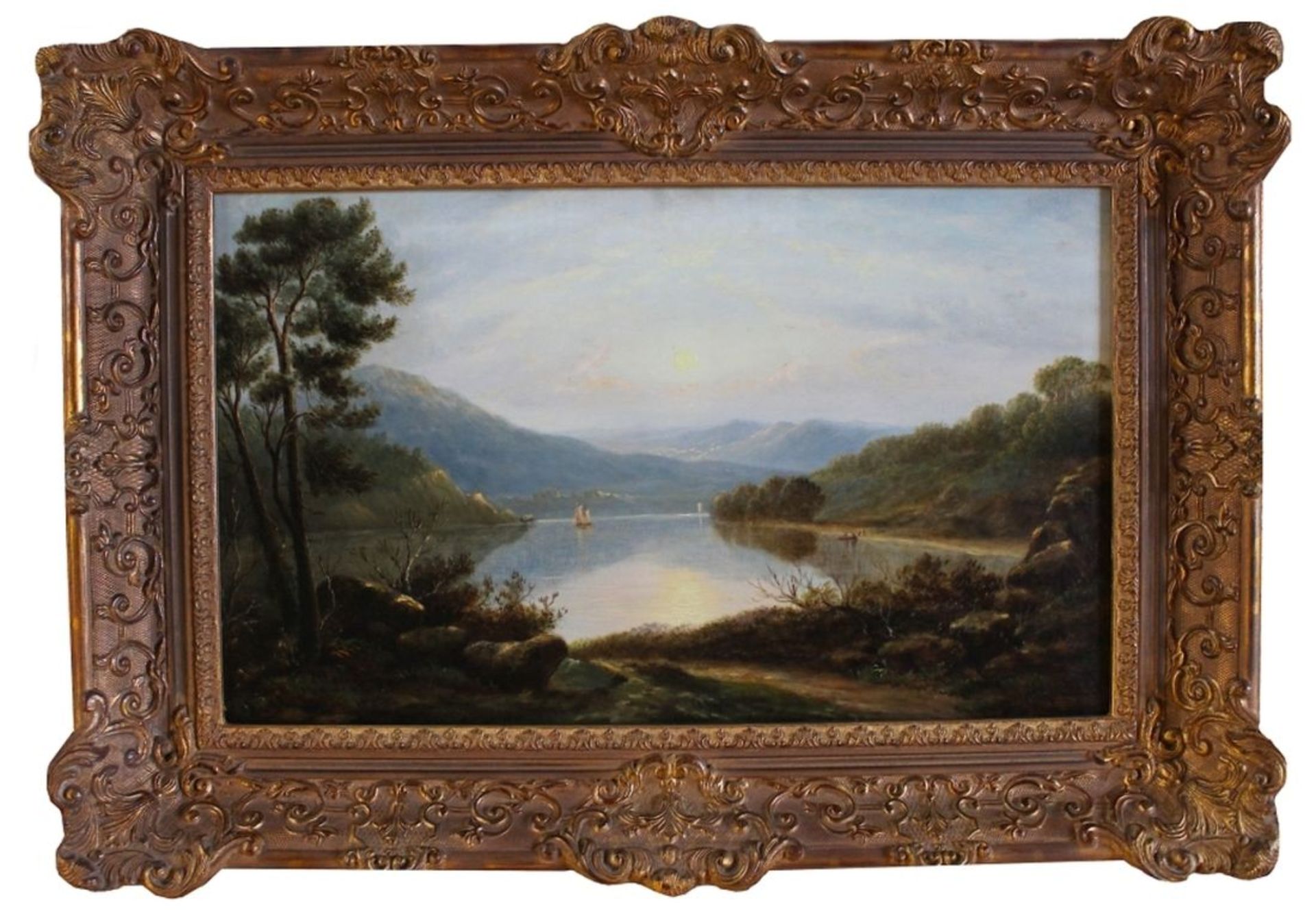 Gemälde - Romantiker (19.Jahrhundert) "Alpenländische Landschaft mit Seeidylle und Segelschiffen",