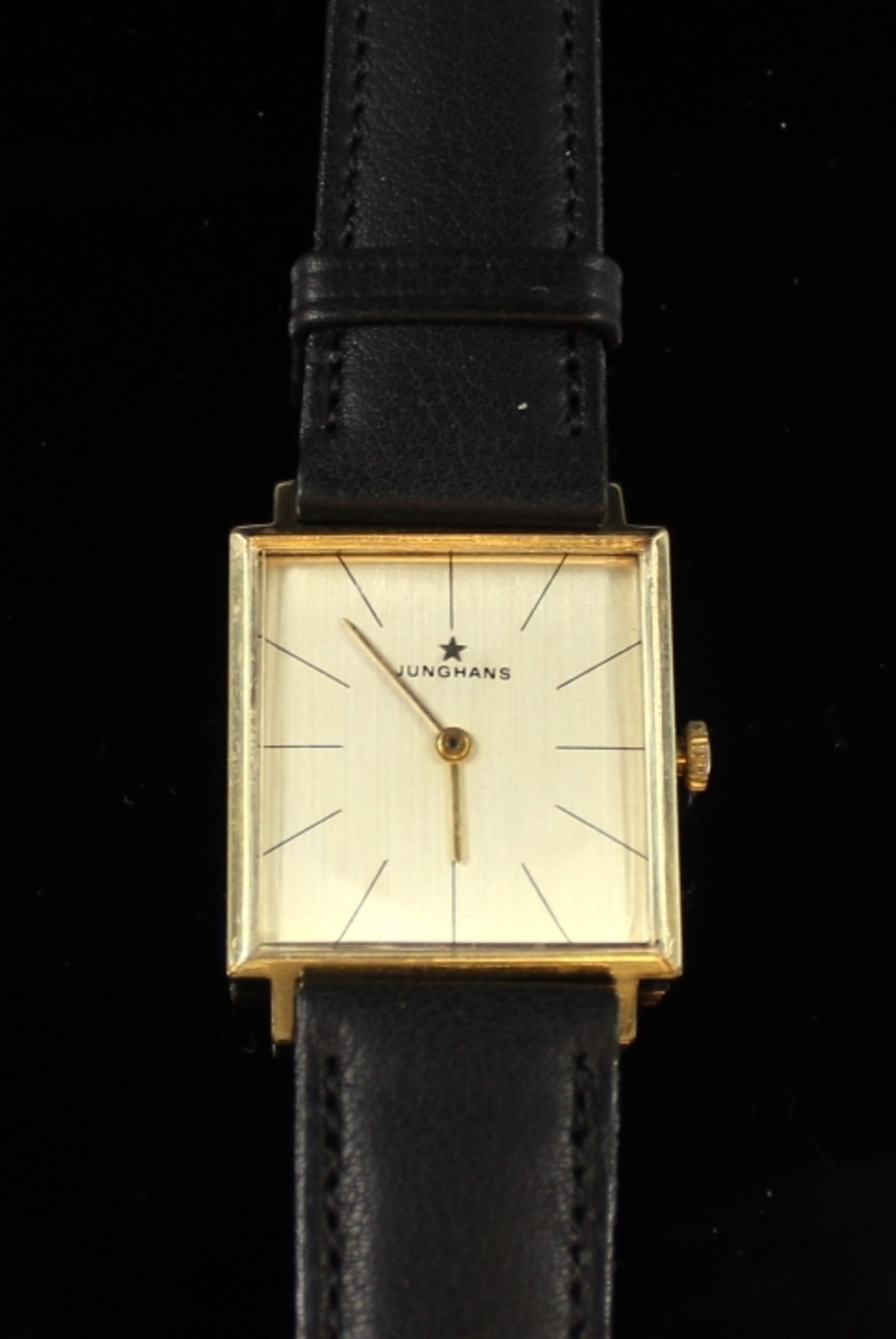 Goldene Armbanduhr - Marke Junghans quadratisches Gehäuse 14 K gest., Reichskrone, No. 2724,