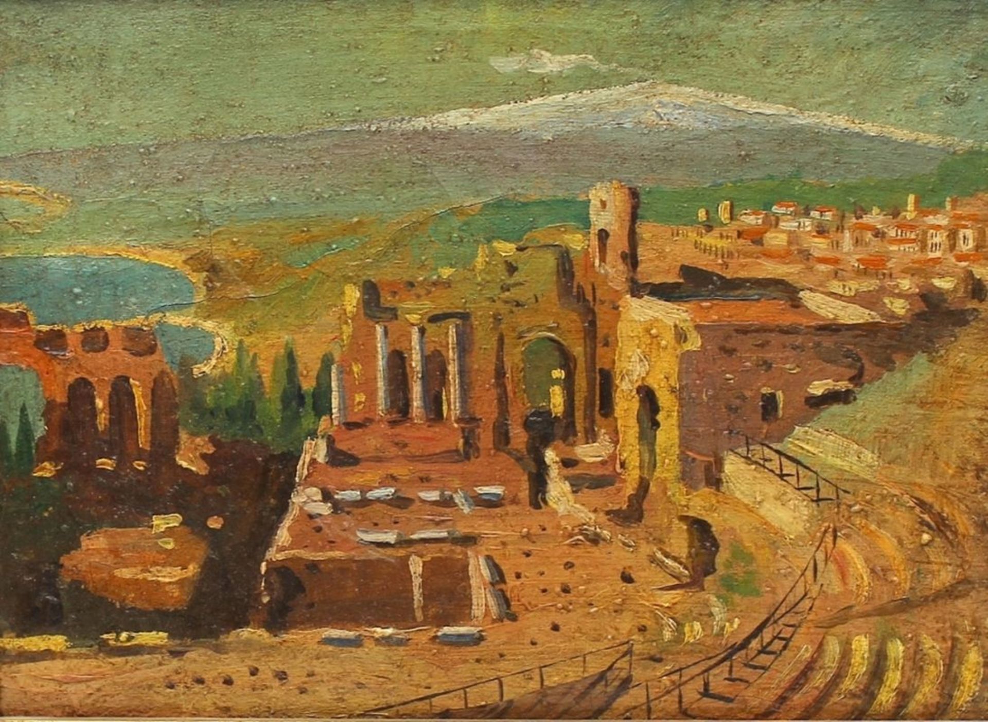 Gemälde - Anonym (Italien 19./20.Jahrhundert) "Antikes Theater Taormina mit Blick auf den Ätna in