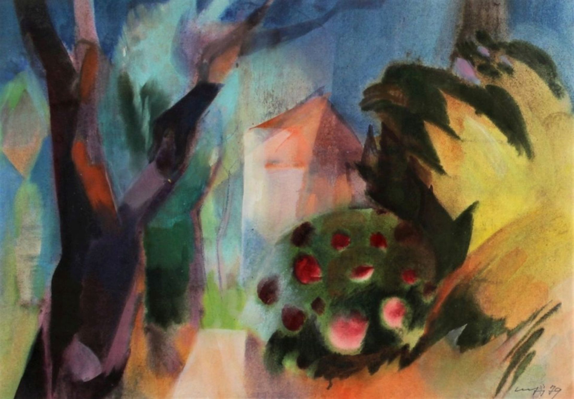 Großes Aquarell - Willi Ulfig (1910 Breslau - 1983 Regensburg) "Bunte Gartenlandschaft", r.u.