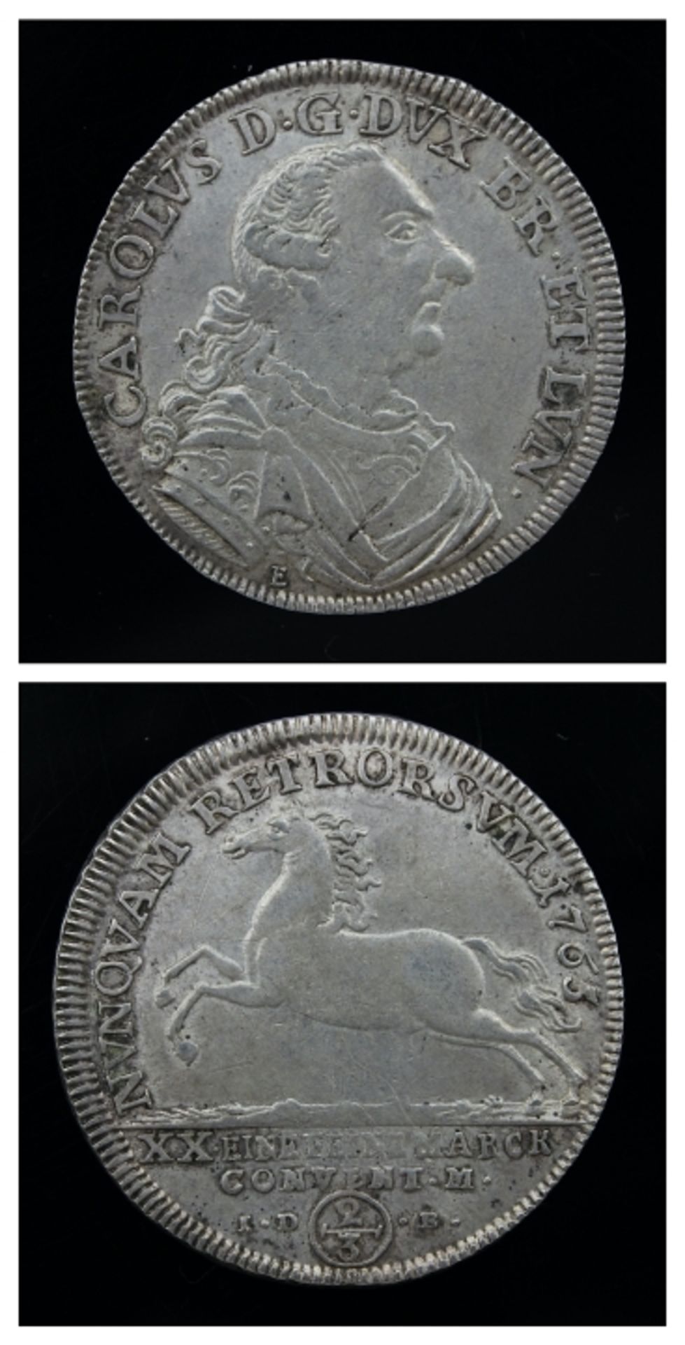 Silbermünze Herzogtum Braunschweig, 1765, Eine Feine Marck, 2/3 Thaler, Vs: Niedersachsenroß, Rs: