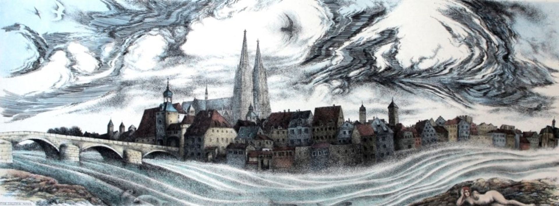 Farbradierung - Helmut Kies (1933 Wien) "Stadtansicht Regensburg", r.u. Bleistiftsignatur,