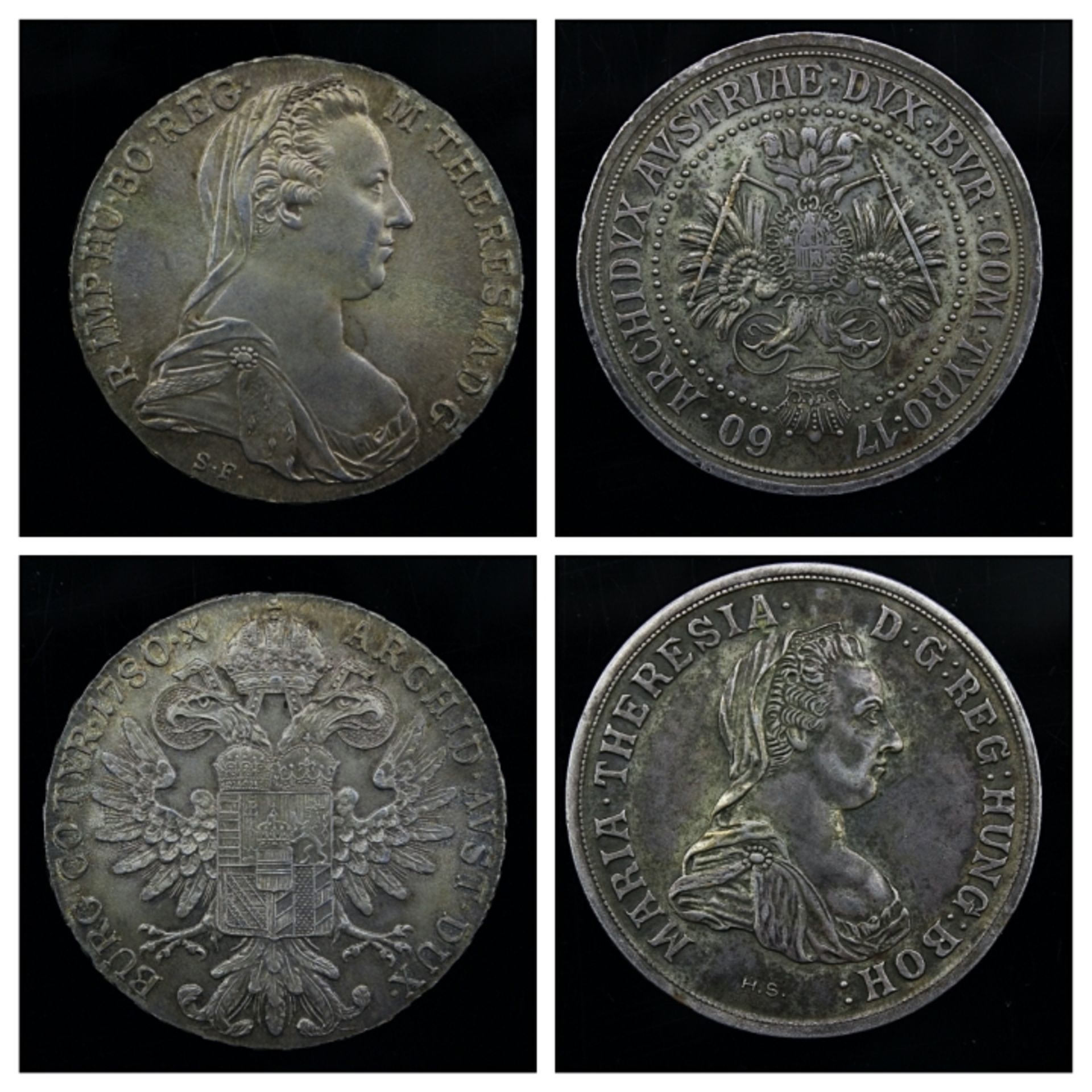 Paar silberne Münzen Maria Theresia Taler 1760 und 1780 datiert, zus. ca. 50 Gramm