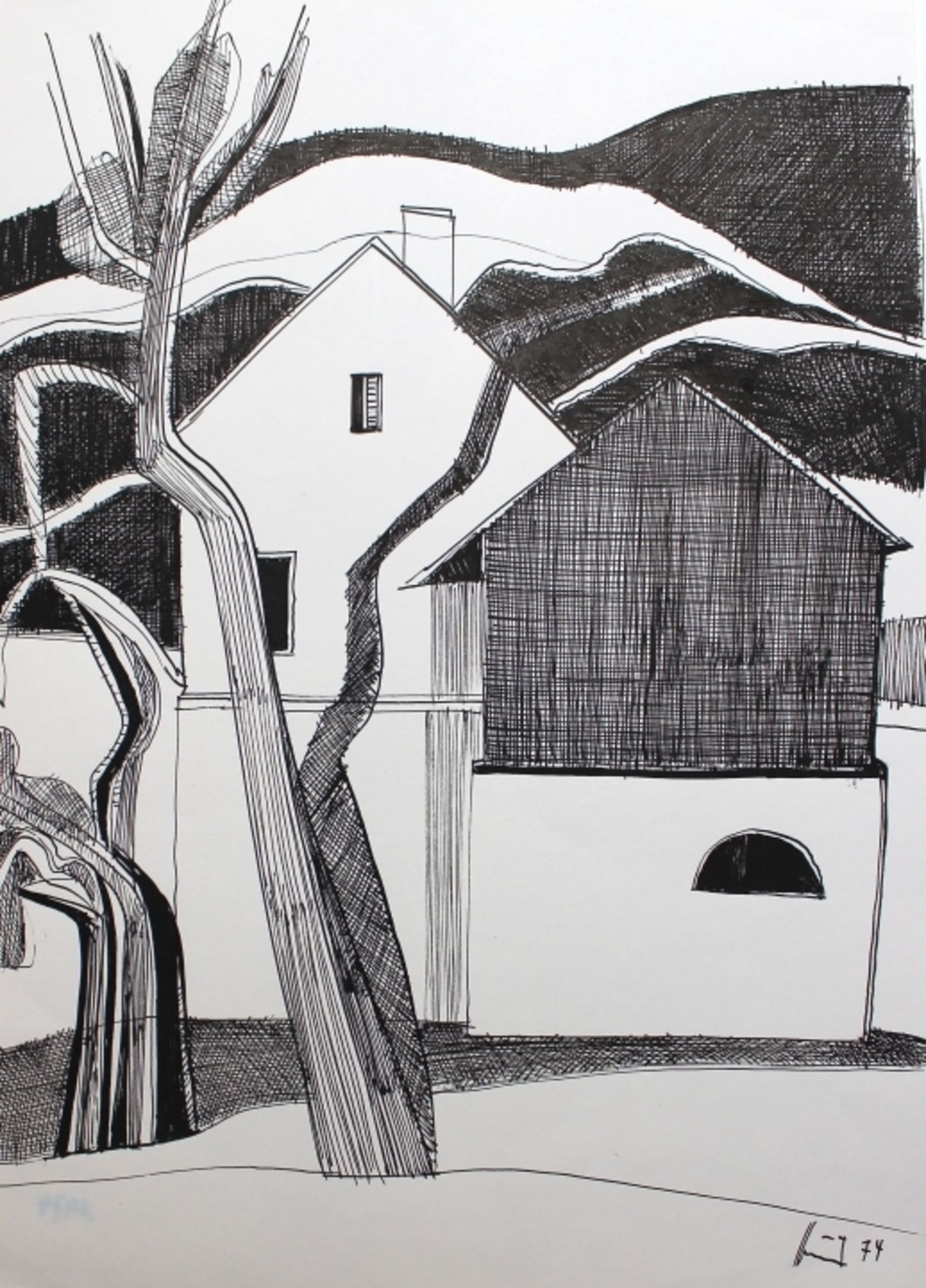 Federzeichnung - Josef Karl Nerud (1900 Simbach am Inn 1982) "Landschaft mit Häusern", r.u.