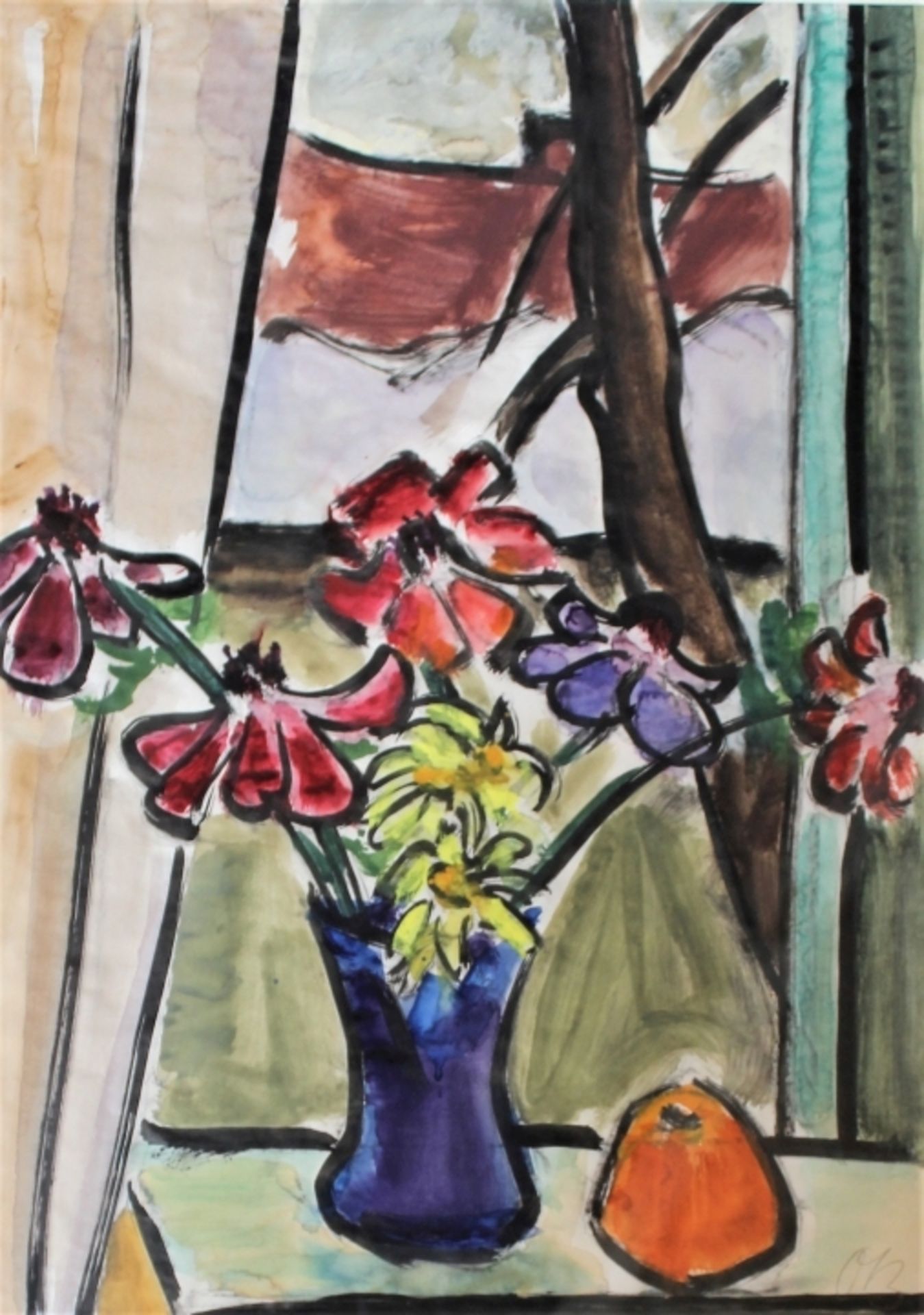 Großes Aquarell - Otto Baumann (Regensburg 1901 - 1992) "Blick aus dem Fenster, im Vordergrund