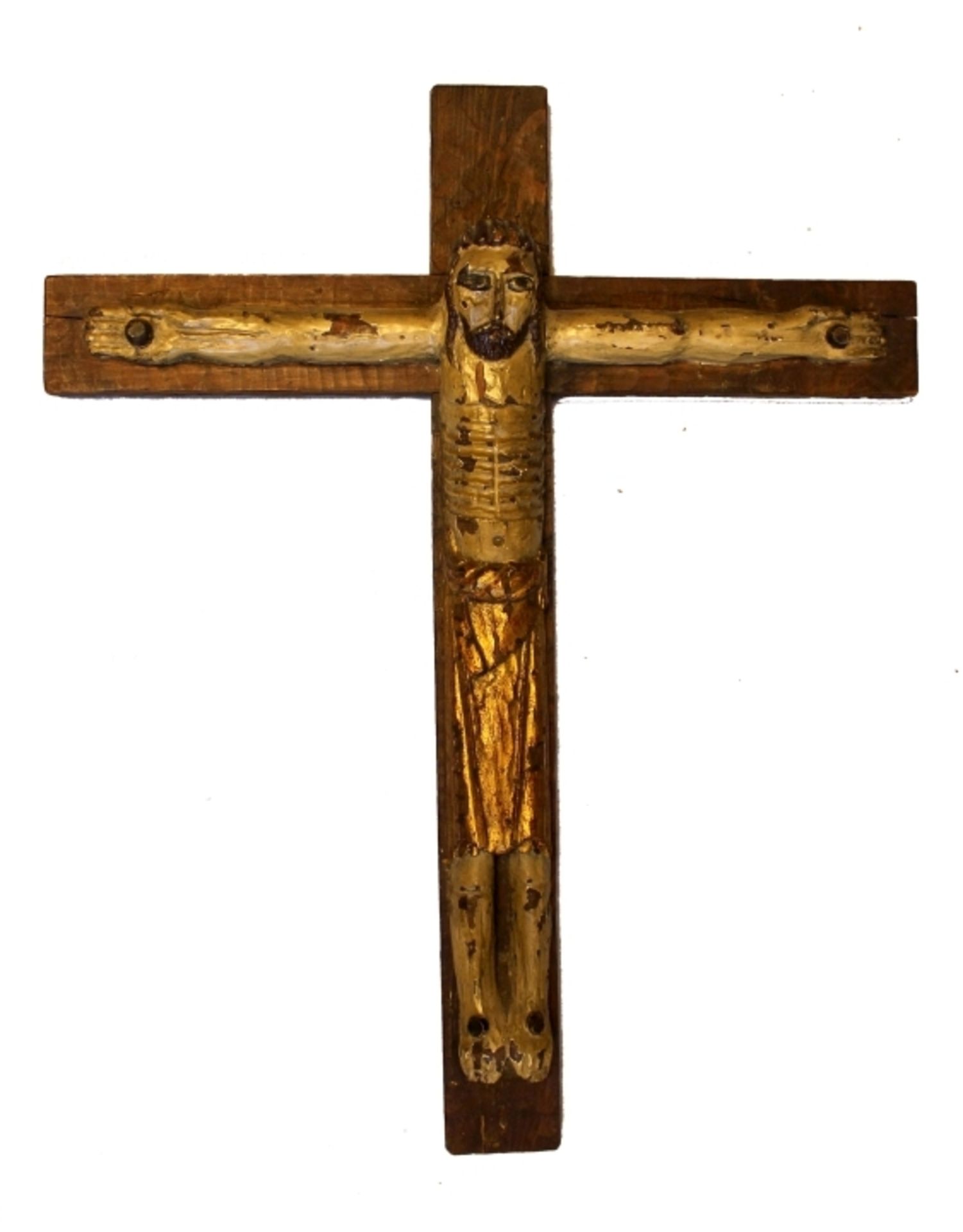 Kreuz mit Korpus Christi - im romanischen Stil Viernageltypus, wohl Spanien 20.Jahrhundert, Holz