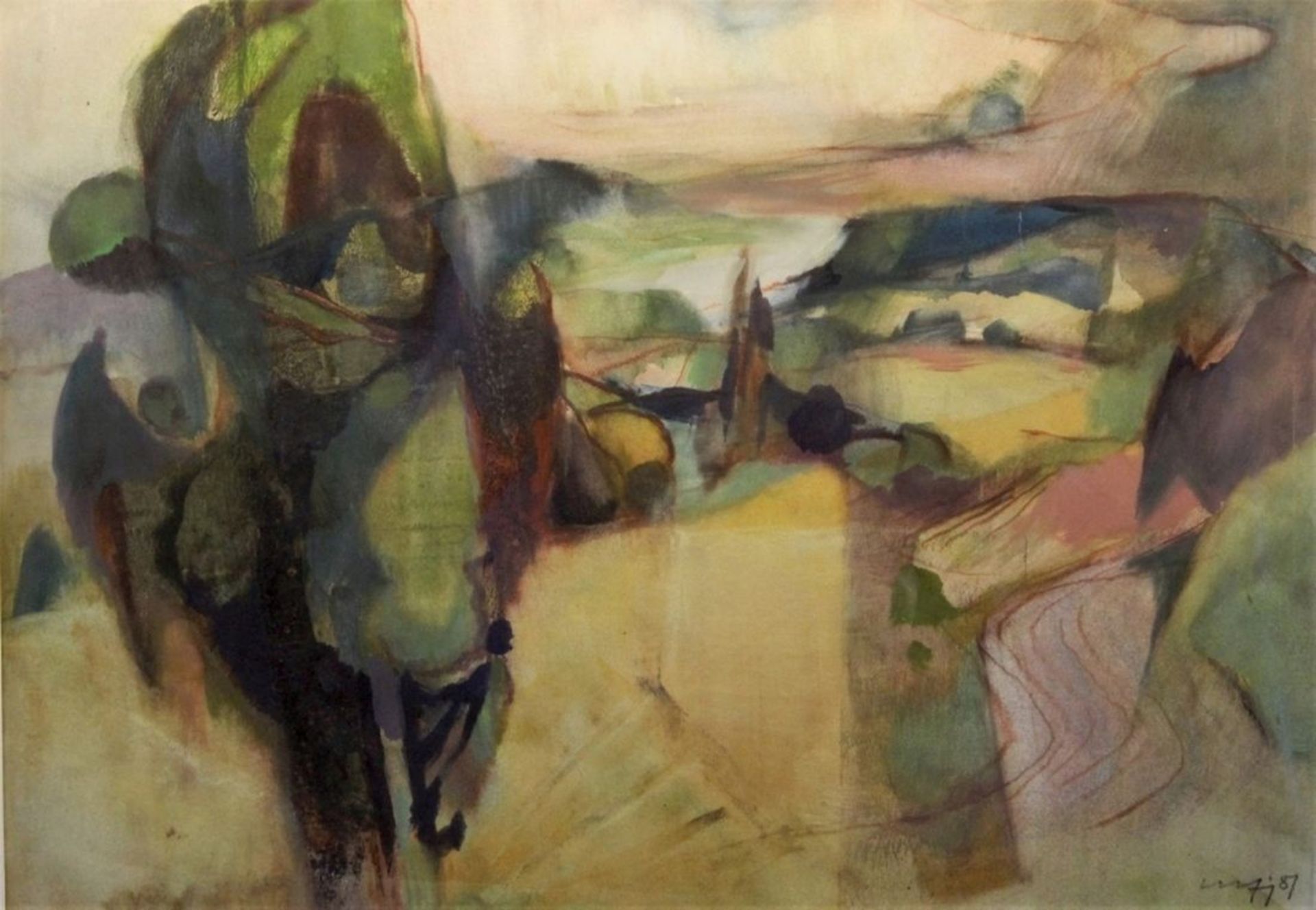 Großes Aquarell - Willi Ulfig (1910 Breslau - 1983 Regensburg) "Moderne Oberpfälzer Landschaft mit