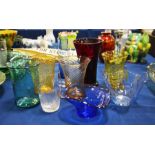 Blue glass handkerchief vase, amber crackle glass