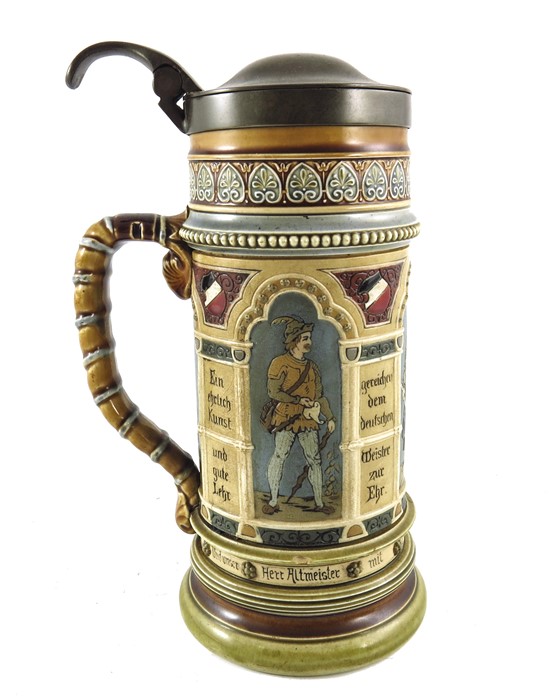 Mettlach, Villeroy and Boch, a half litre stein, incised four panels of apprentice journeyman and ma - Image 2 of 7